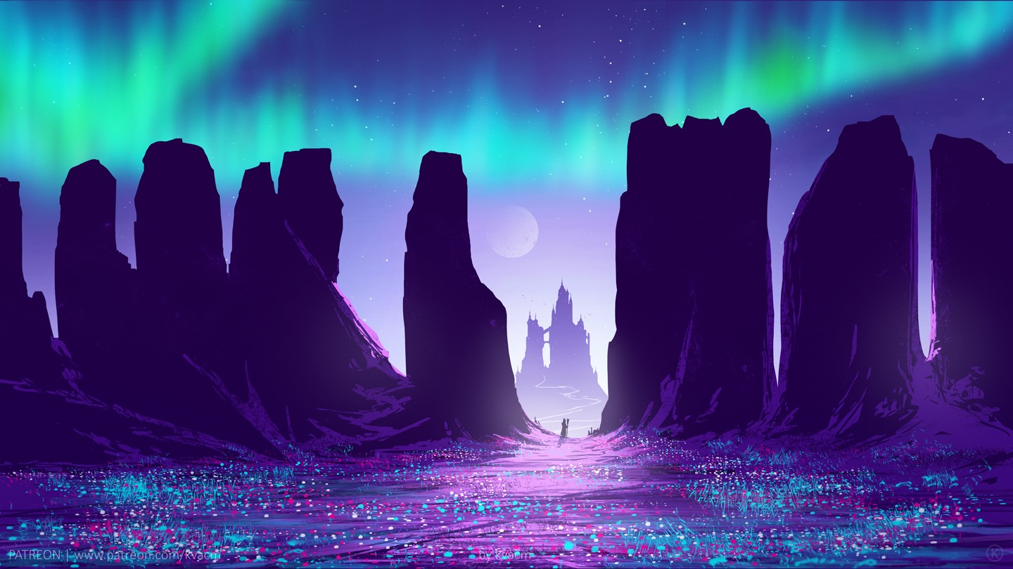 artwork, digital art, rocks, Moon, sky, night, stars, aurorae, HD Wallpaper