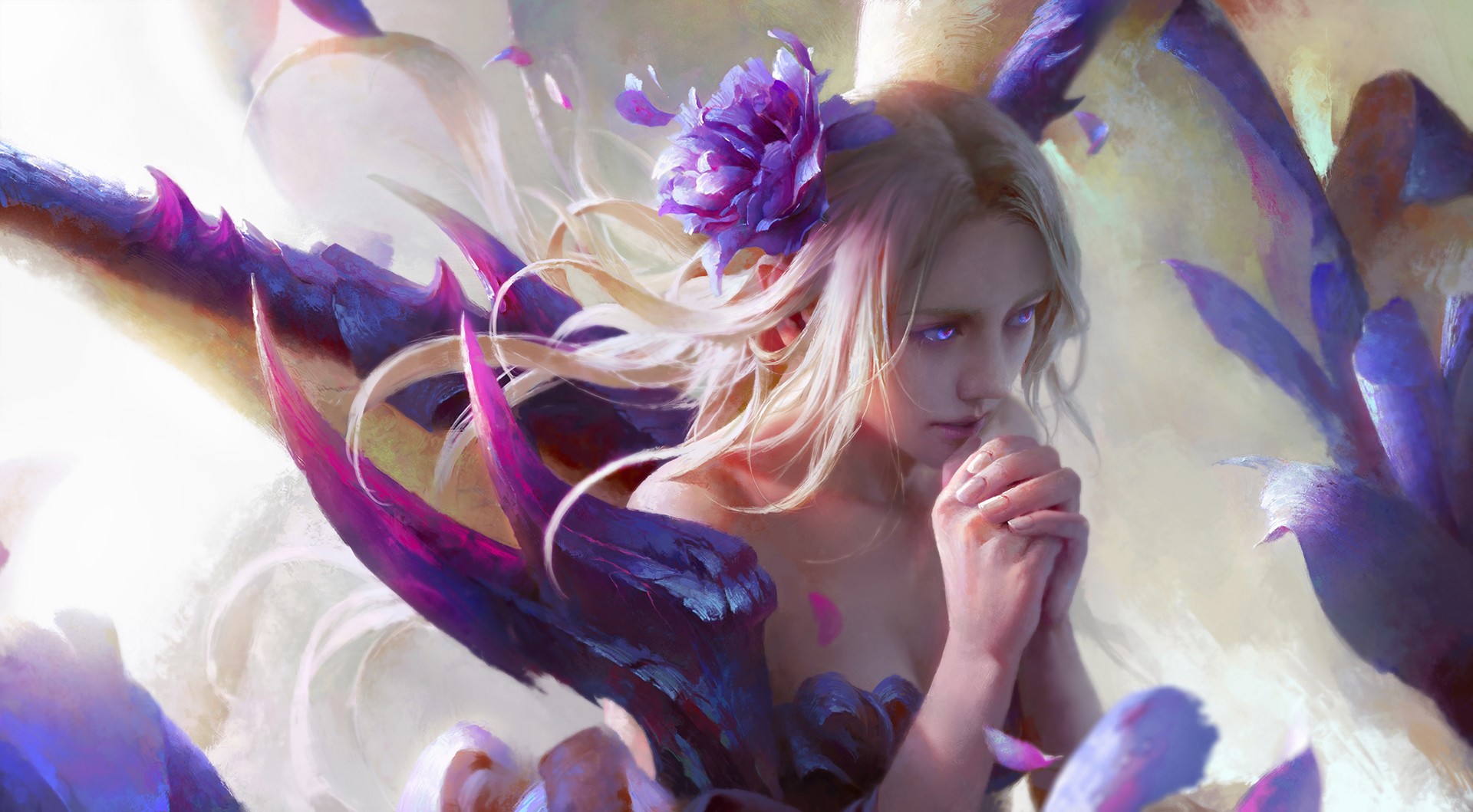 artwork, digital art, women, blonde, flowers, purple eyes, fantasy art, long hair, fantasy girl, praying, HD Wallpaper