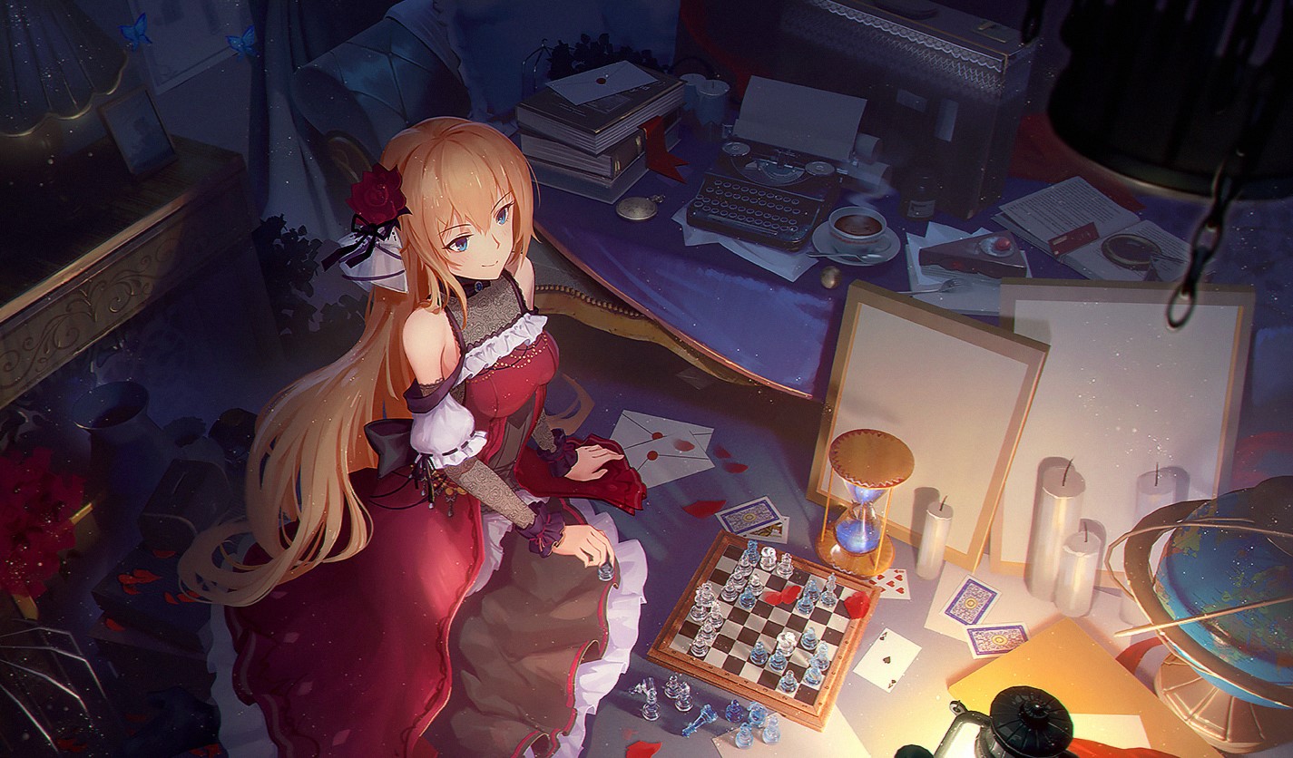 anime, anime girls, portrait, digital art, long hair, blonde, blue eyes, chests, rose, dress, HD Wallpaper