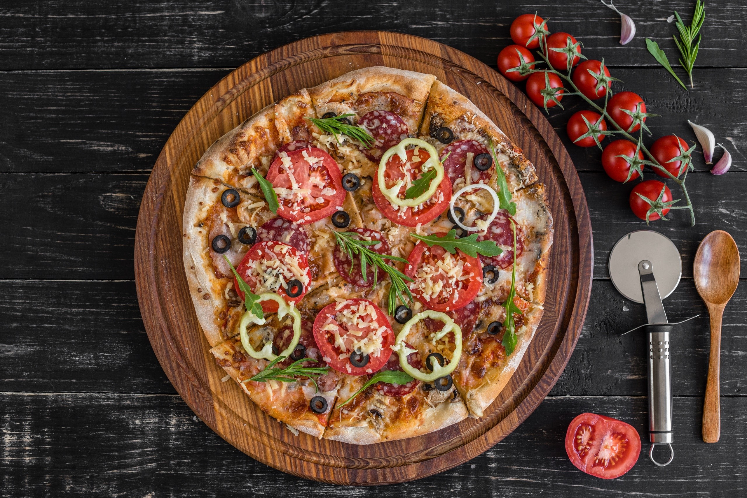 food, tomatoes, pizza, spoon, vegetables, HD Wallpaper