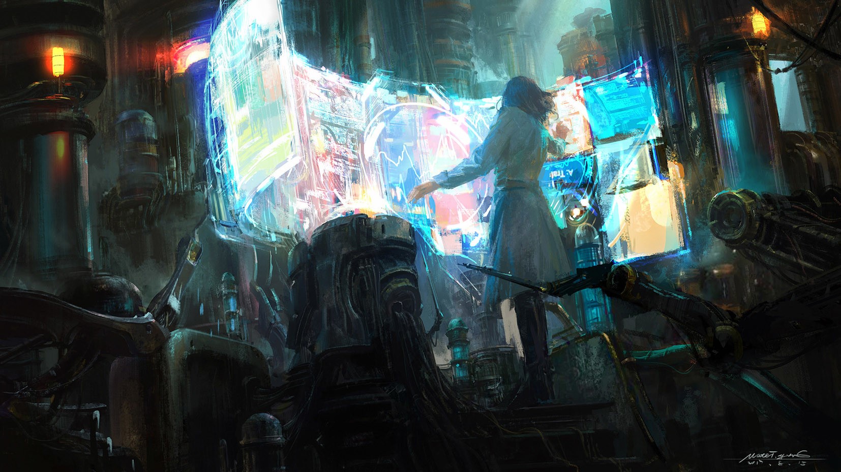artwork, digital art, monitor, computer, hologram, cyan, HD Wallpaper