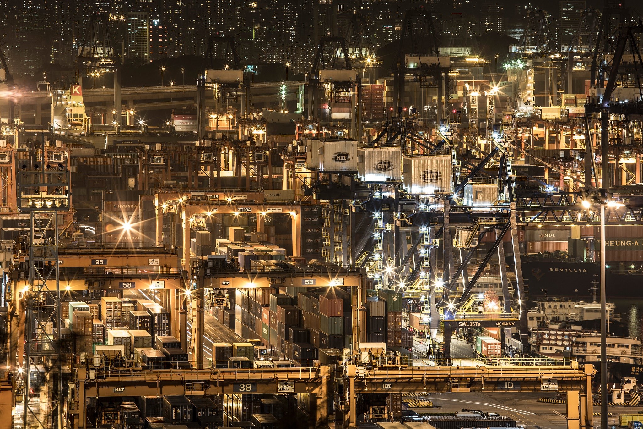 night, lights, harbor, containers, cranes (machine), Hong Kong, HD Wallpaper