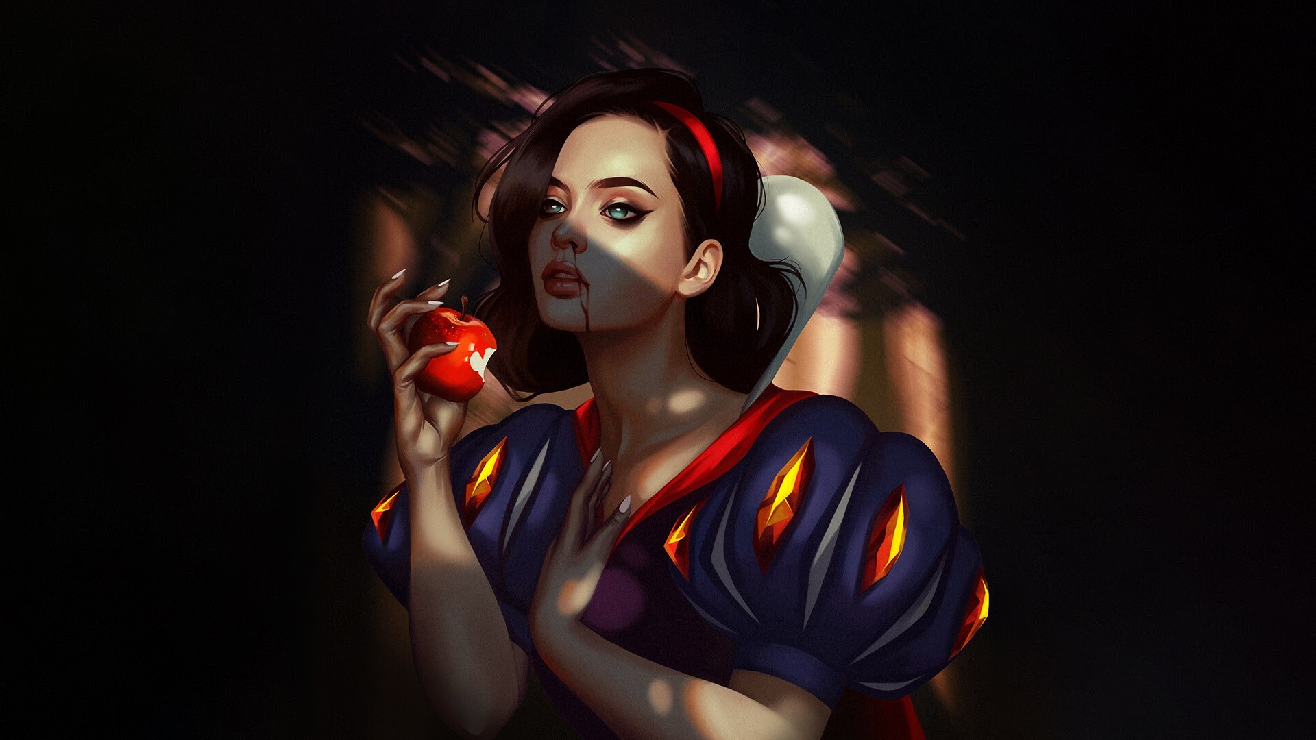 artwork, fantasy girl, fantasy art, apples, food, Snow White, blood, HD Wallpaper
