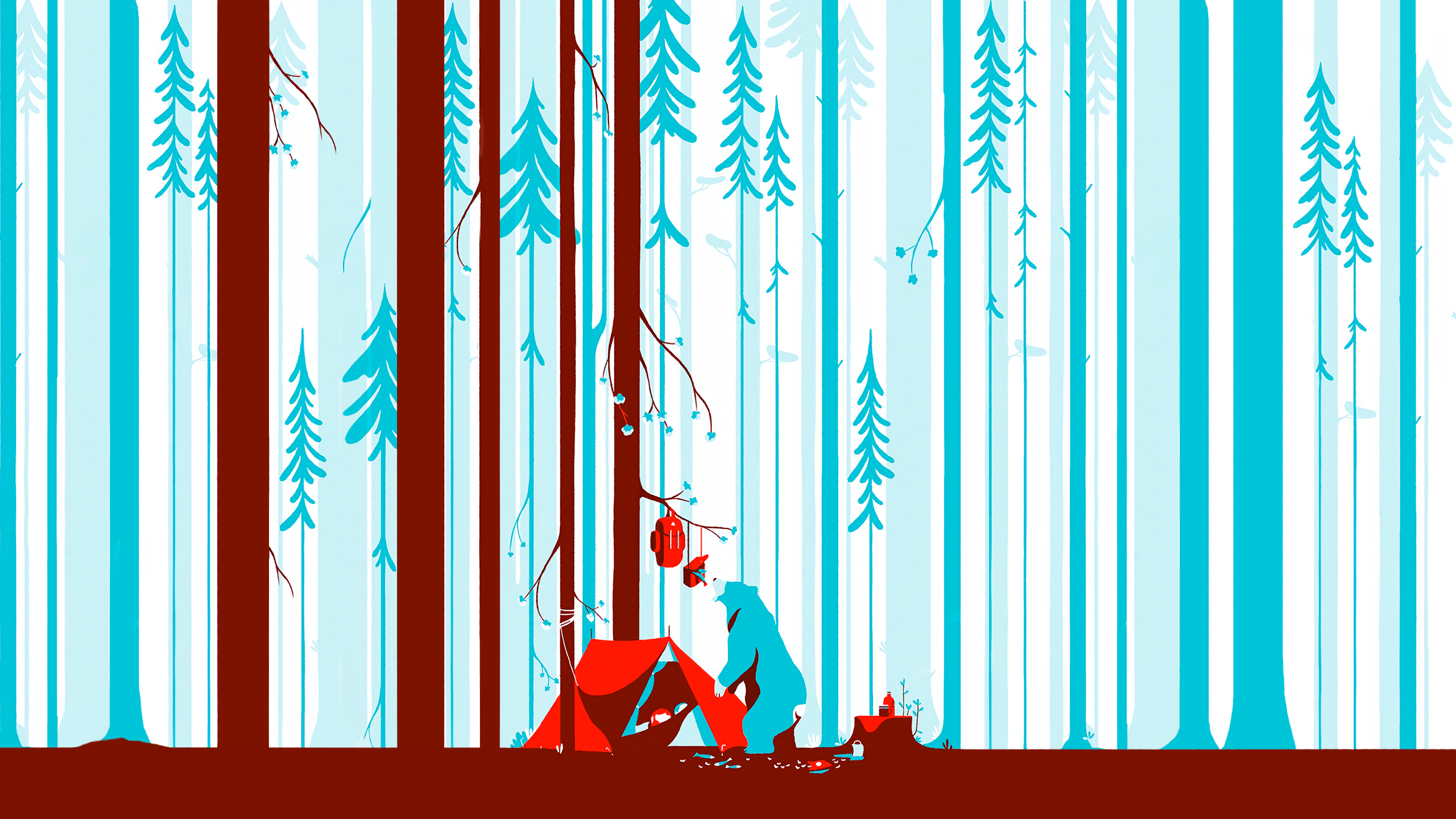 Tom Haugomat, illustration, forest, digital art, artwork, trees, red, cyan, HD Wallpaper