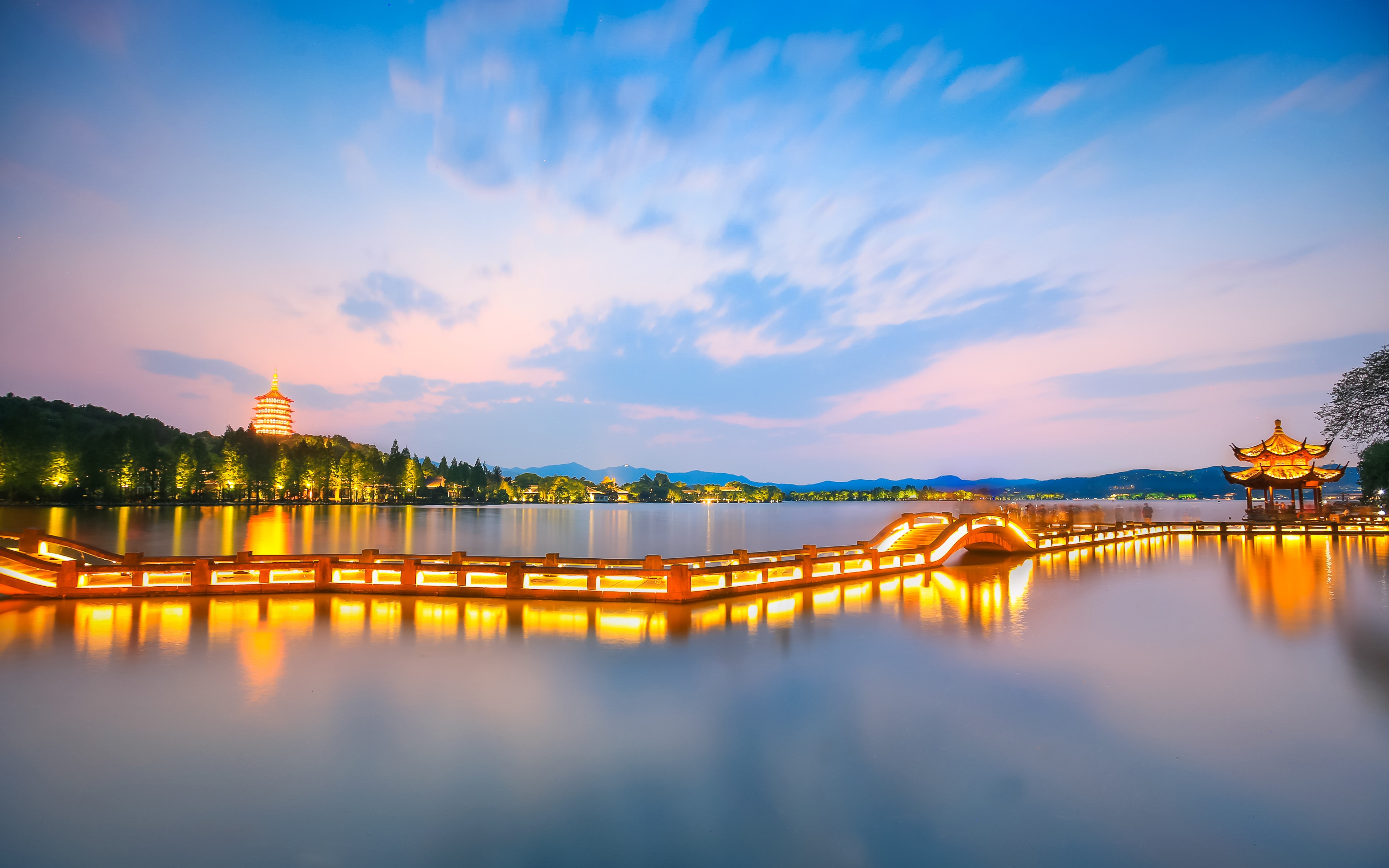 city, sky, water, lake, building, clouds, West Lake, HD Wallpaper