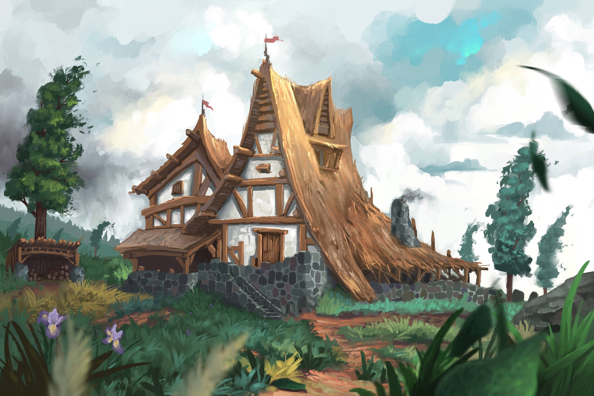 Jeremy Adams, concept art, house, Chalet, wall, grass, plants, trees, road, flowers, clouds, nature, HD Wallpaper