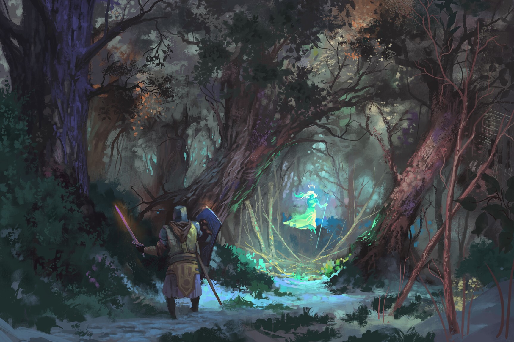Jeremy Adams, concept art, warrior, sword, shield, men, women, forest, road, clothes, Fly, trees, grass, sheet, nature, HD Wallpaper