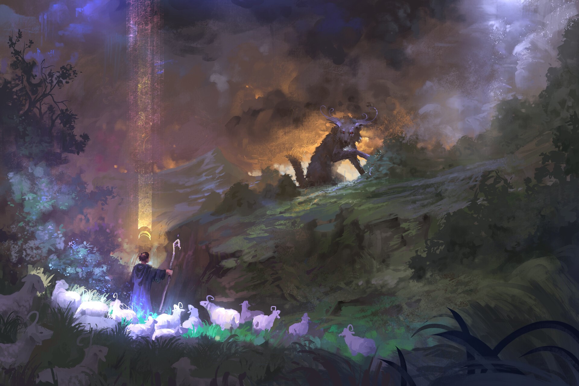 Jeremy Adams, concept art, men, sheep, field, staff, shepherd, nature, demon, wolf, mantle, plants, trees, HD Wallpaper