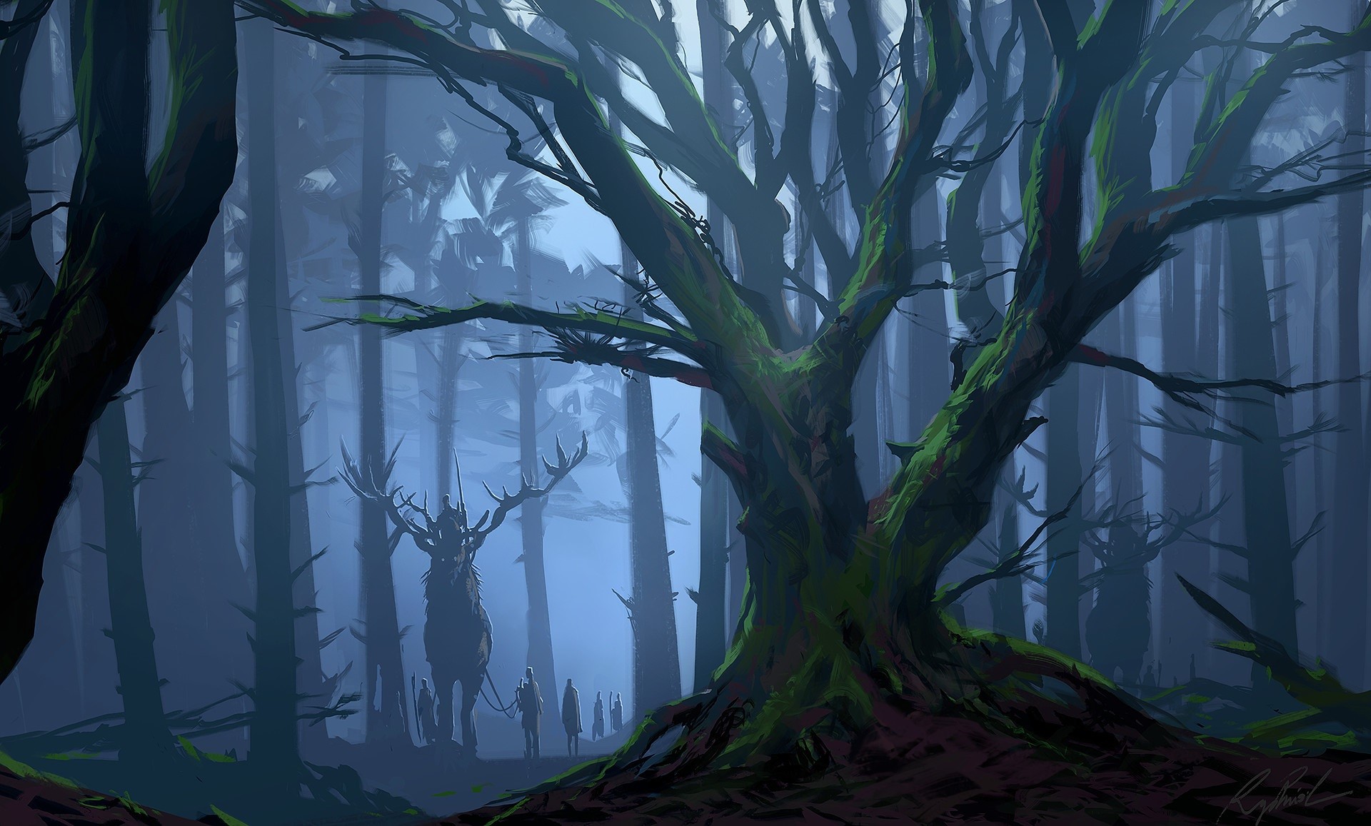 artwork, fantasy art, forest, trees, antlers, HD Wallpaper