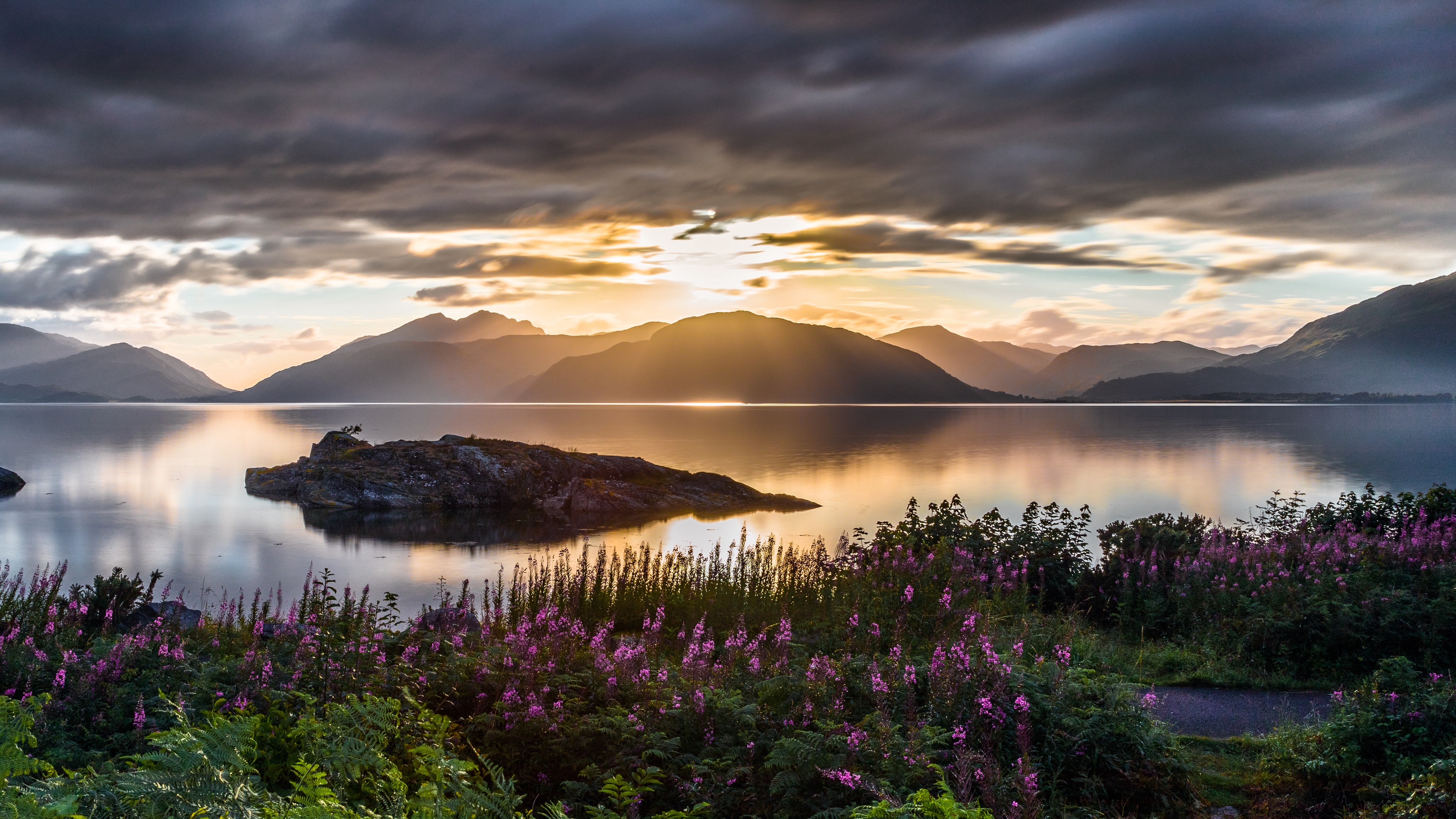mountains, sea, flowers, sunset, sky, 4k, HD Wallpaper