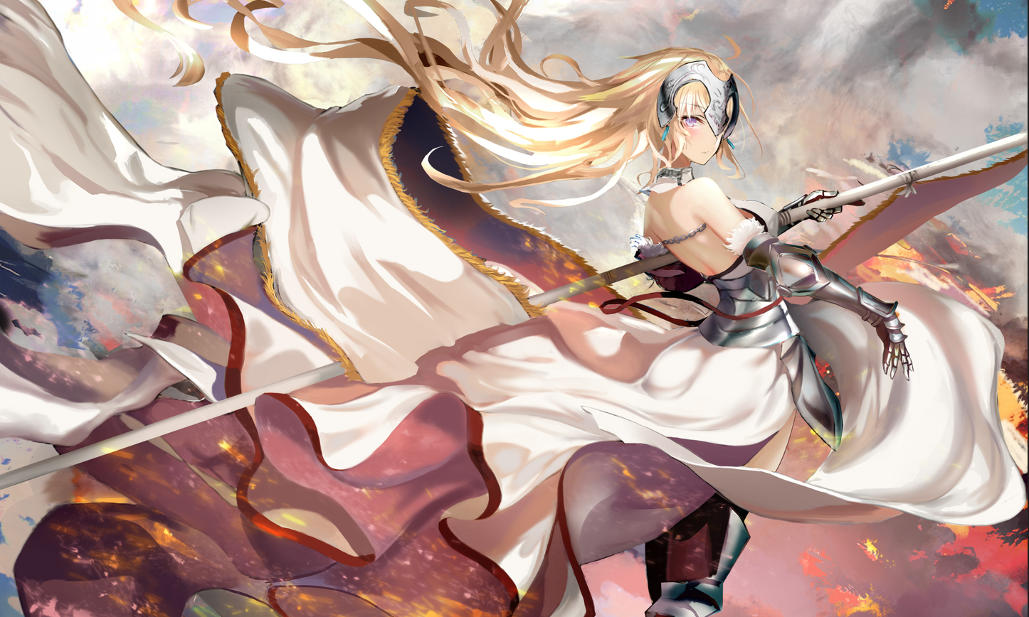 Fate Series, Fate/Apocrypha, Fate/Grand Order, anime girls, blond hair, fantasy armor, digital art, big boobs, fantasy weapon, long hair, Ruler (Fate/Apocrypha), Jeanne dArc (Fate), HD Wallpaper