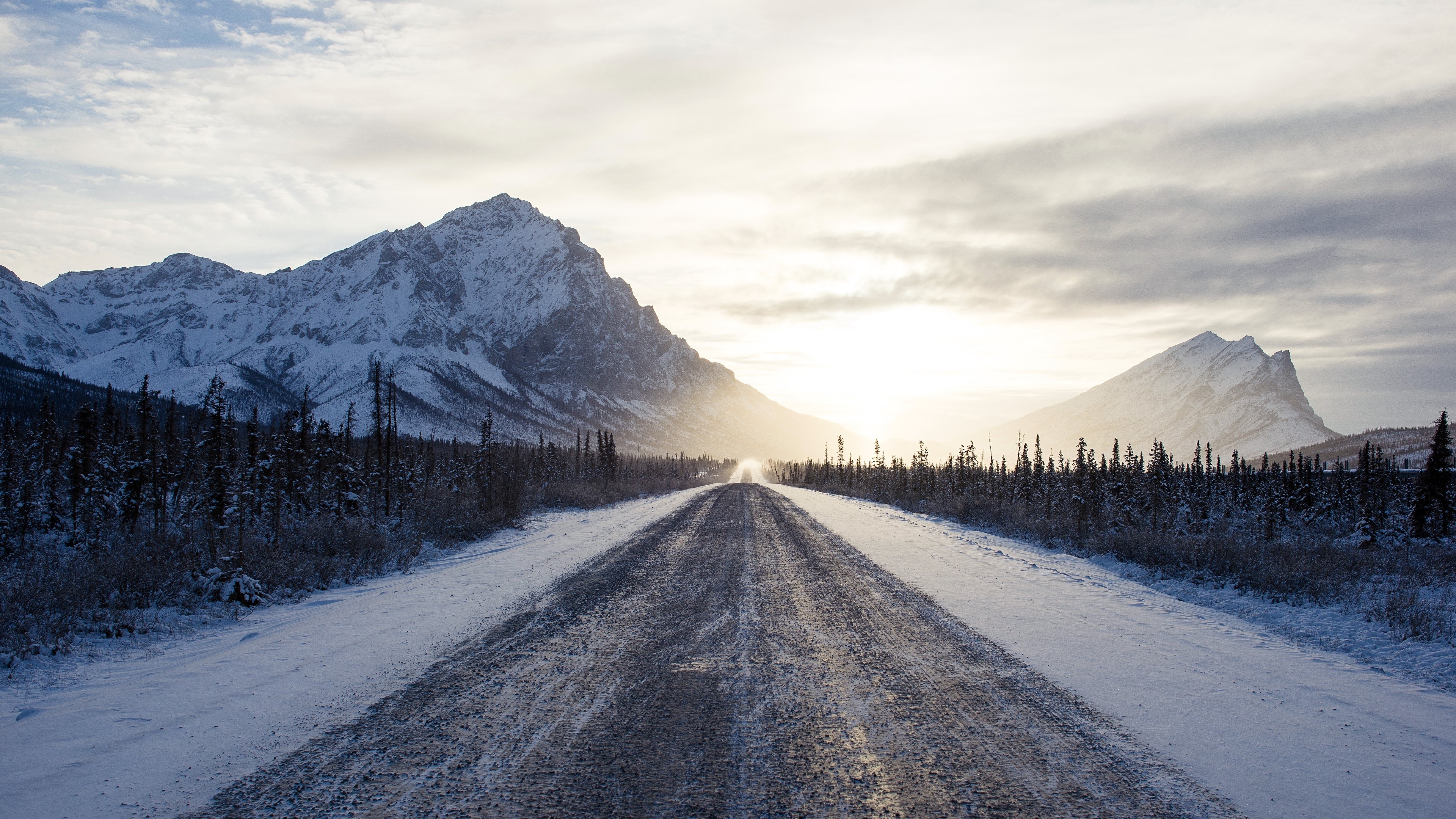 nature, snow, winter, road, mountains, snowy mountain, trees, HD Wallpaper