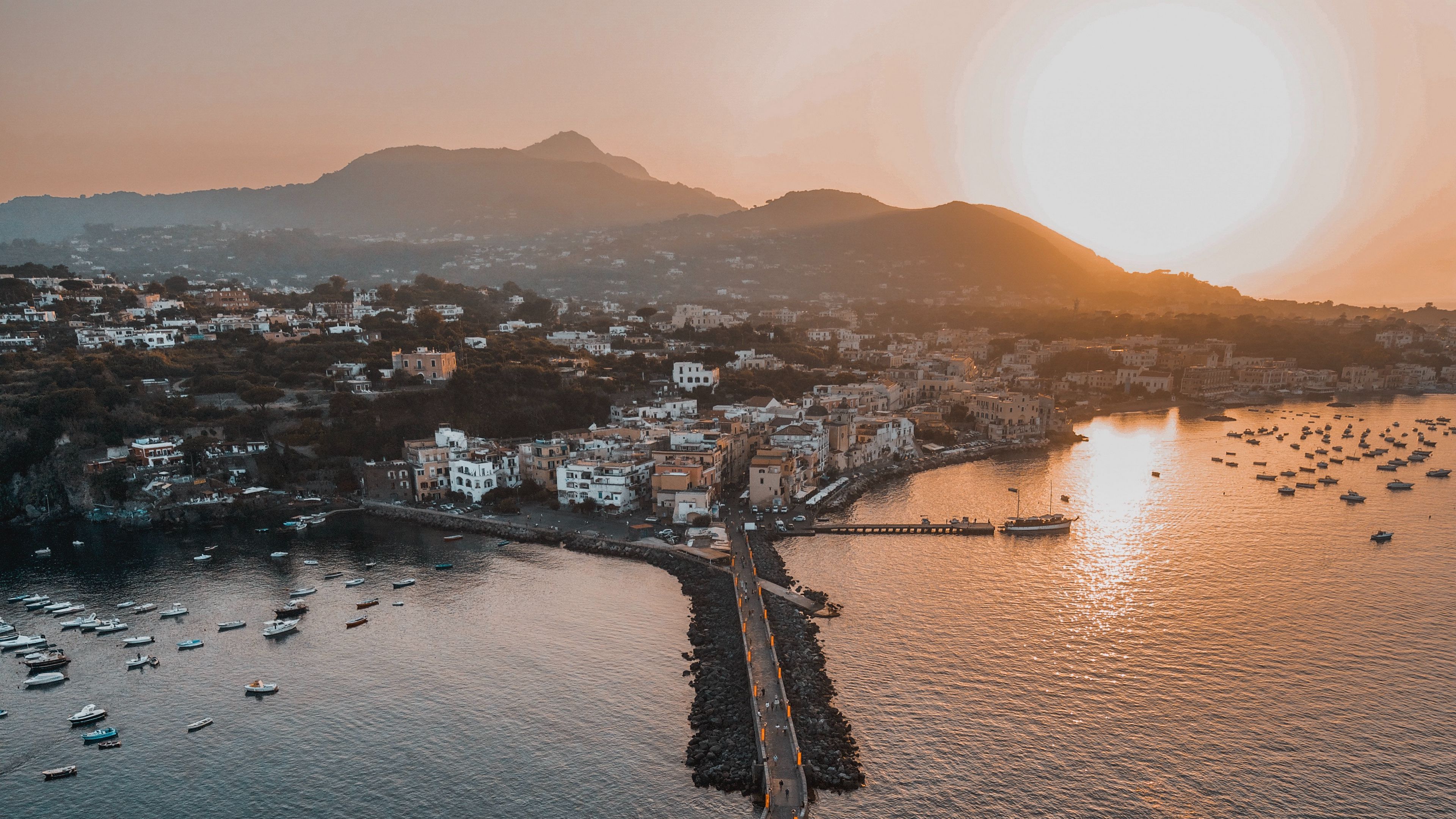 city, sea, bridge, aerial view, sunset, 4k, HD Wallpaper