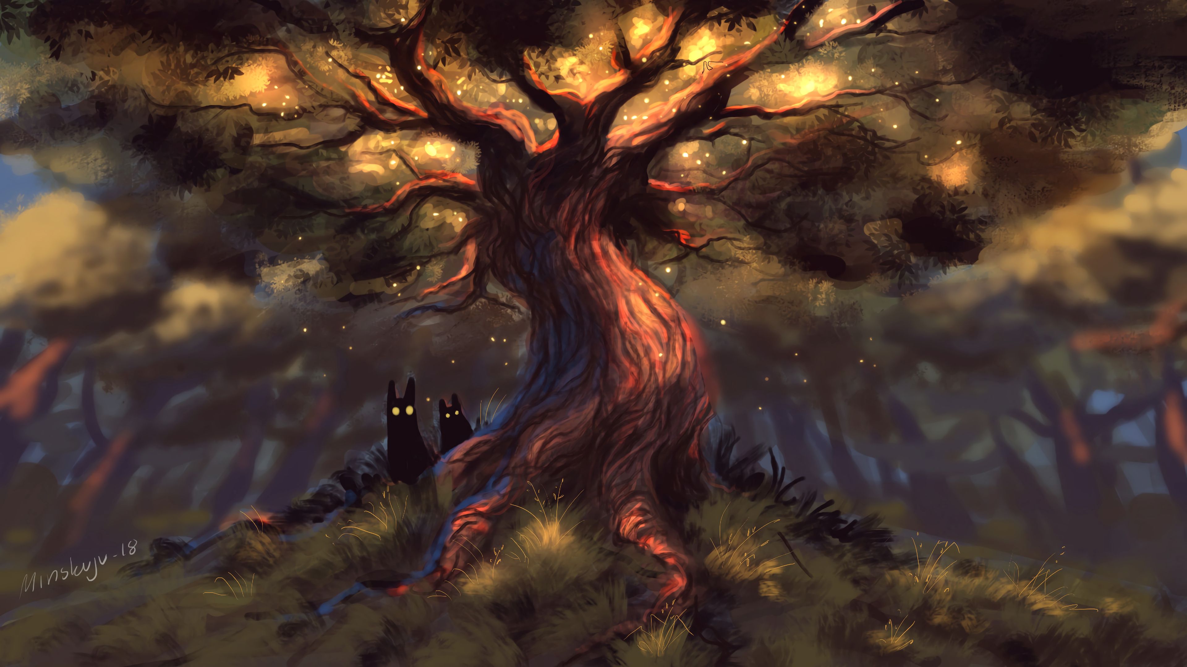 creatures, fabulous, forest, tree, dark, eyes, 4k, HD Wallpaper