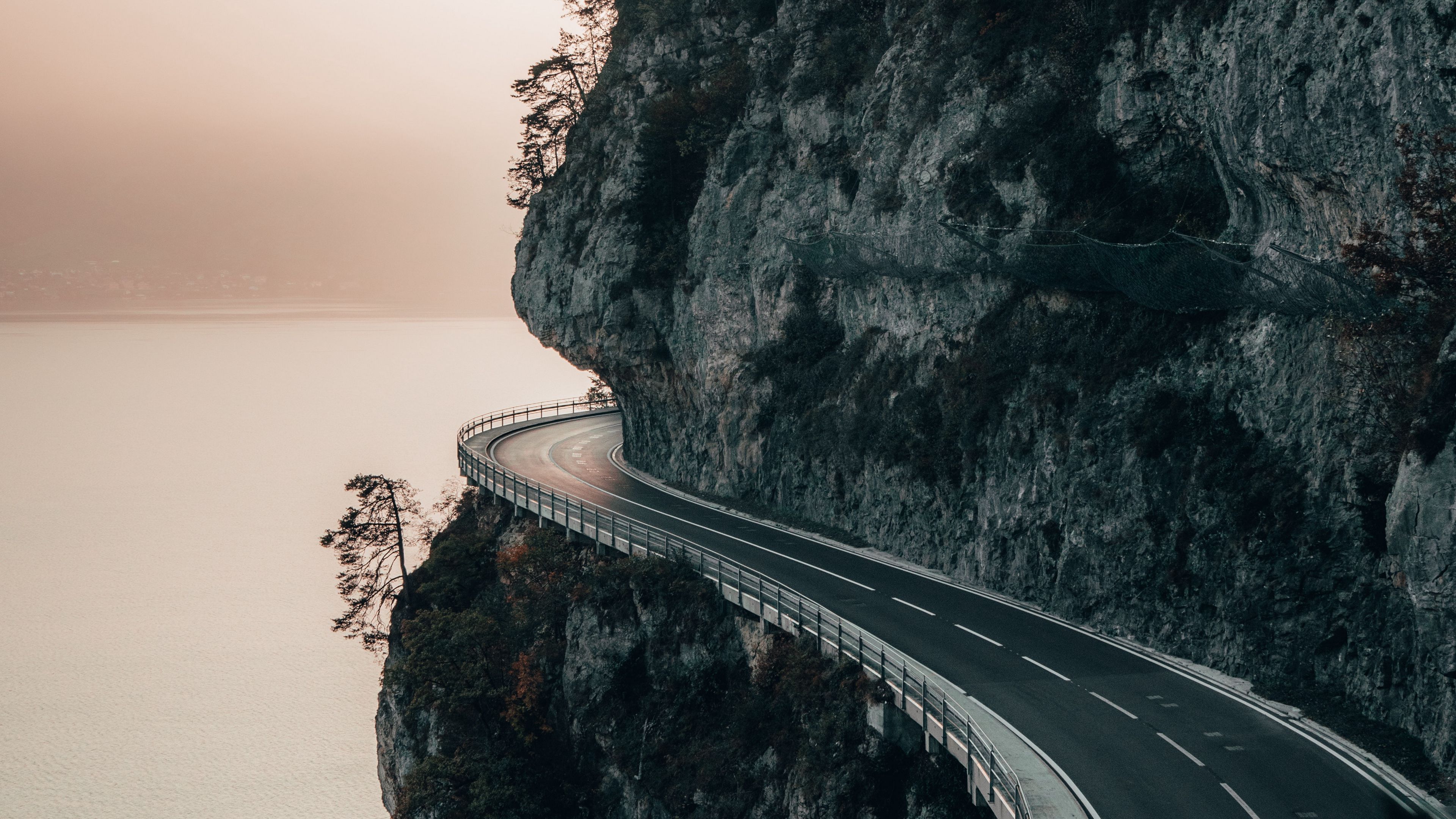 rock, road, cliff, sea, sunset, 4k, HD Wallpaper