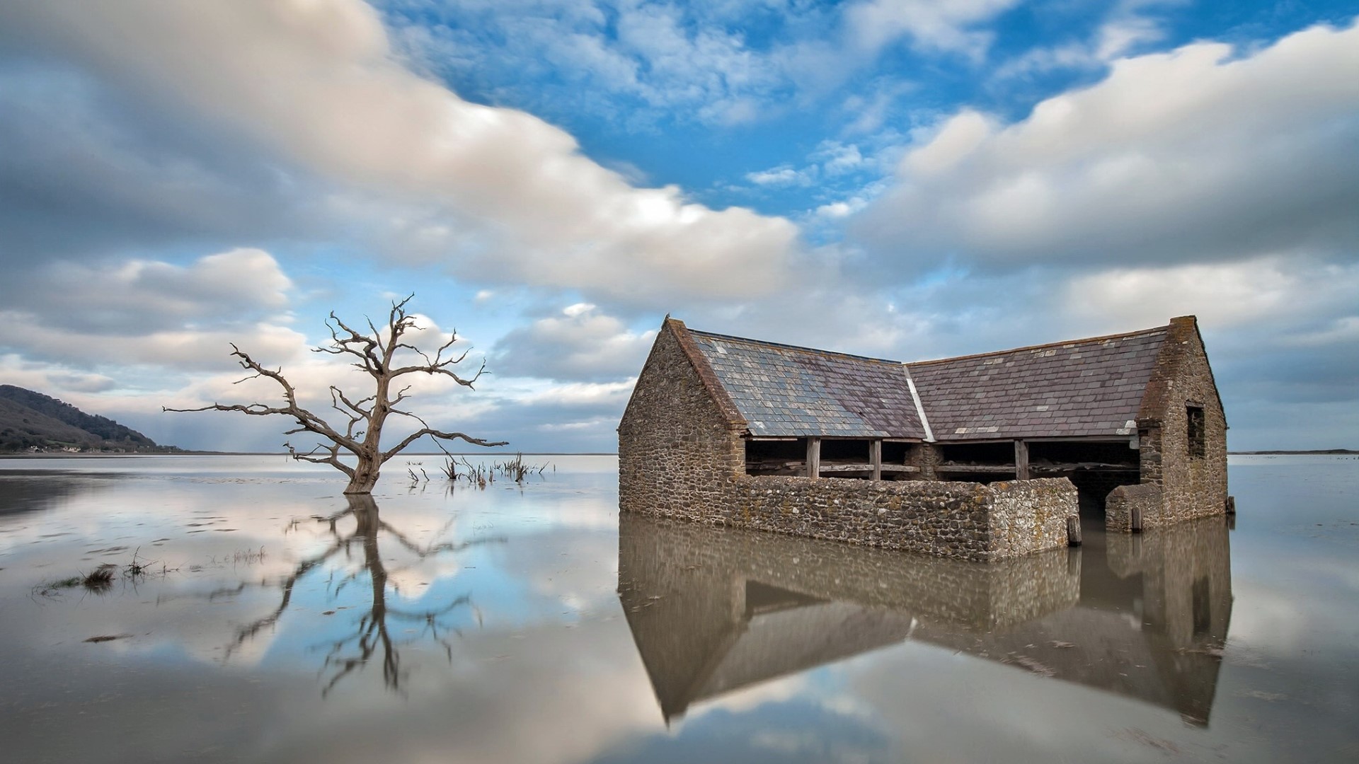 nature, landscape, water, abandoned, house, dead trees, horizon, reflection, clouds, hills, HD Wallpaper