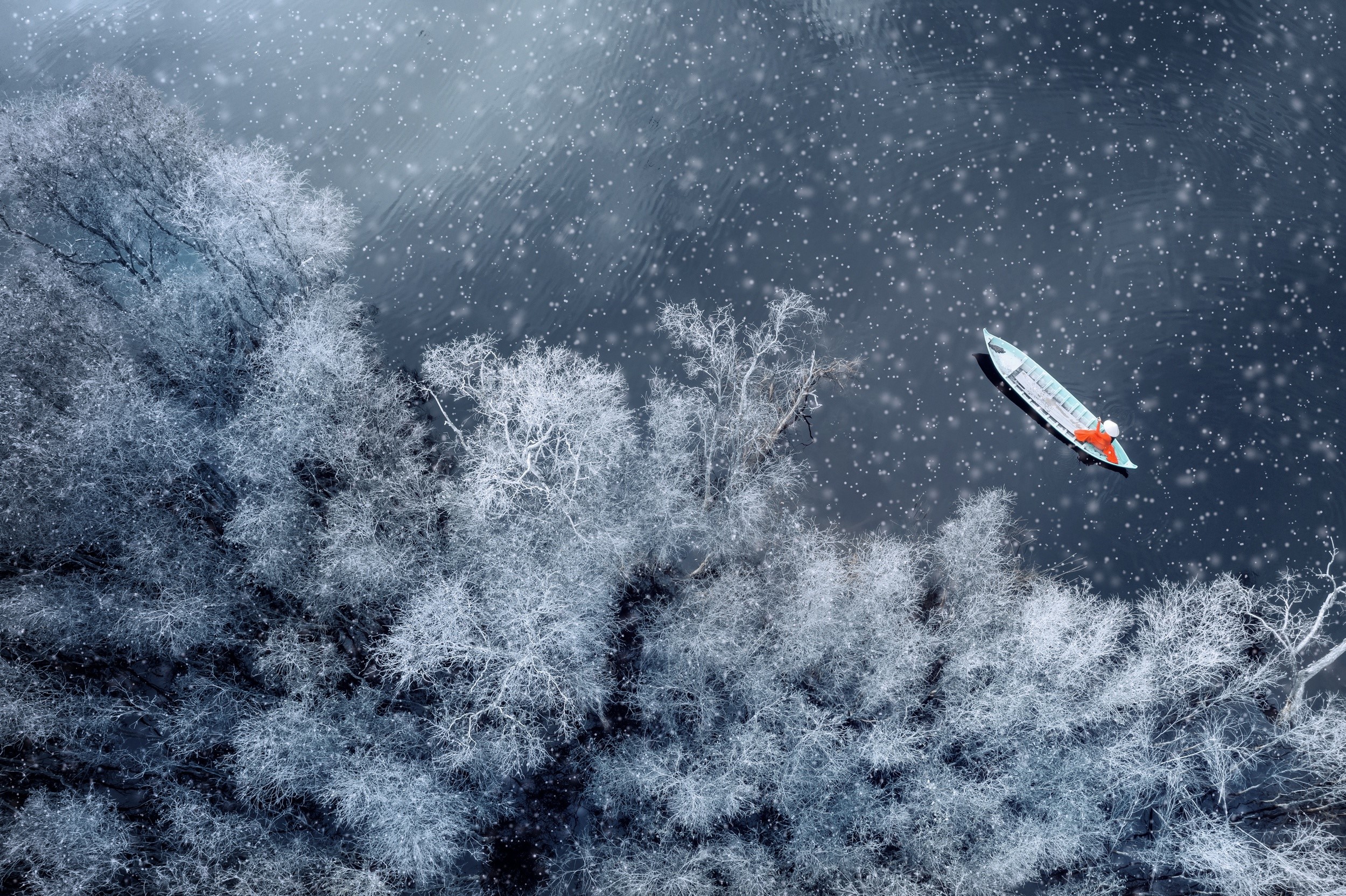 aerial view, nature, winter, snow, water, boat, snowing, HD Wallpaper