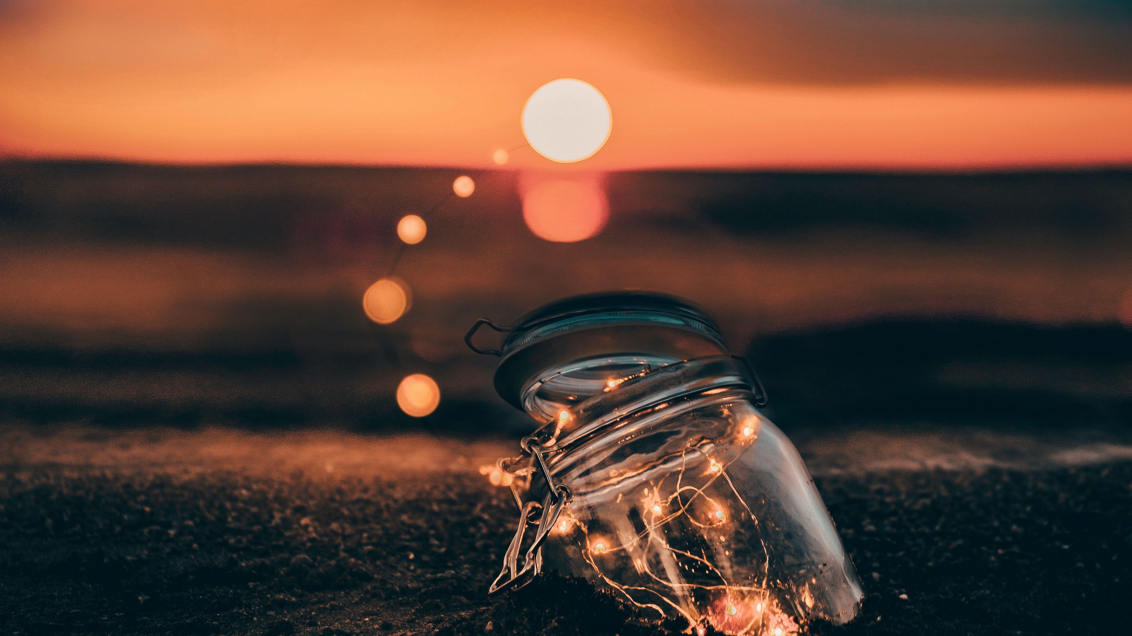 jar, shine, blur, shore, sunset, 4k, HD Wallpaper