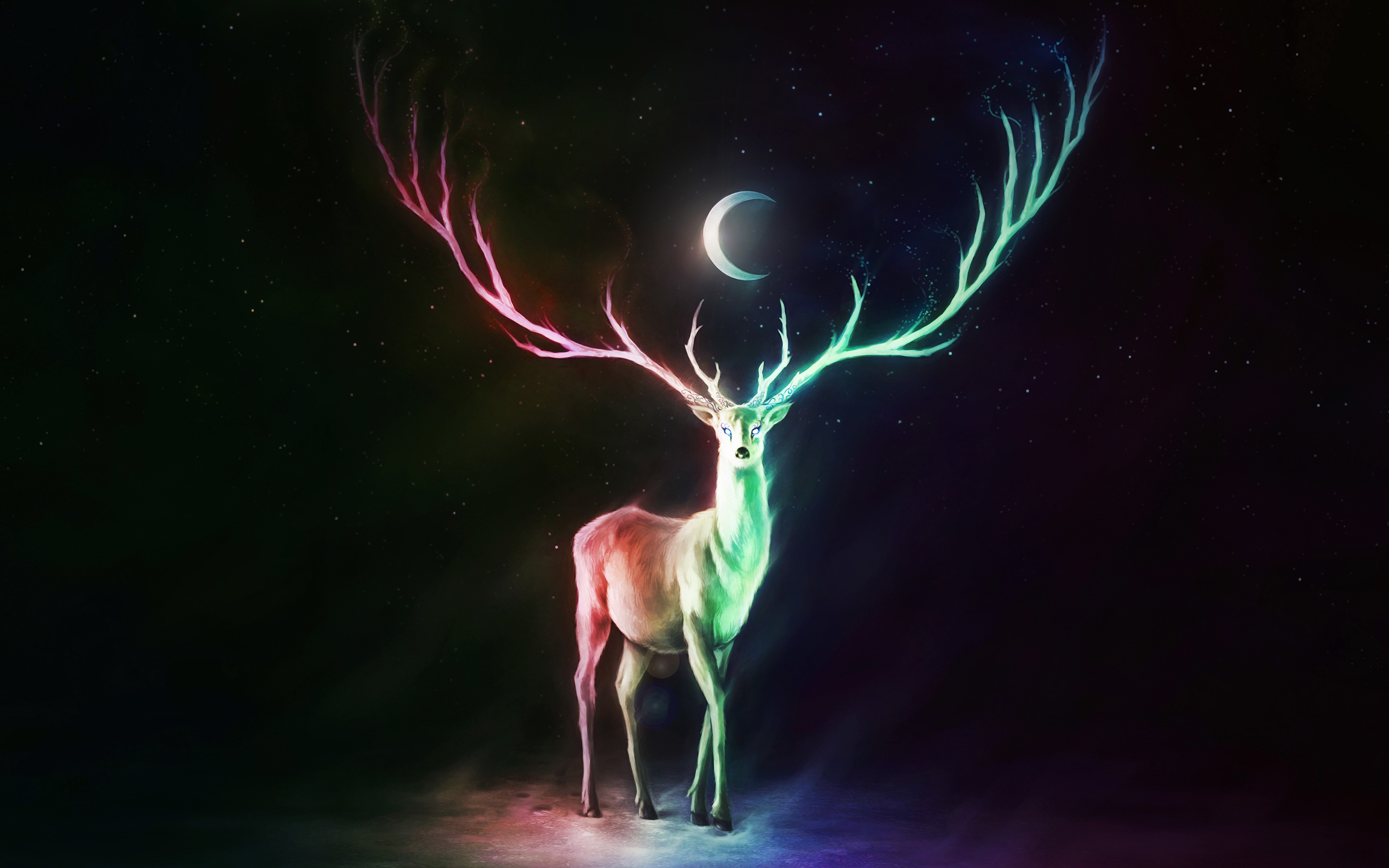 deer, colorful, Moon, stars, Half Moon, HD Wallpaper