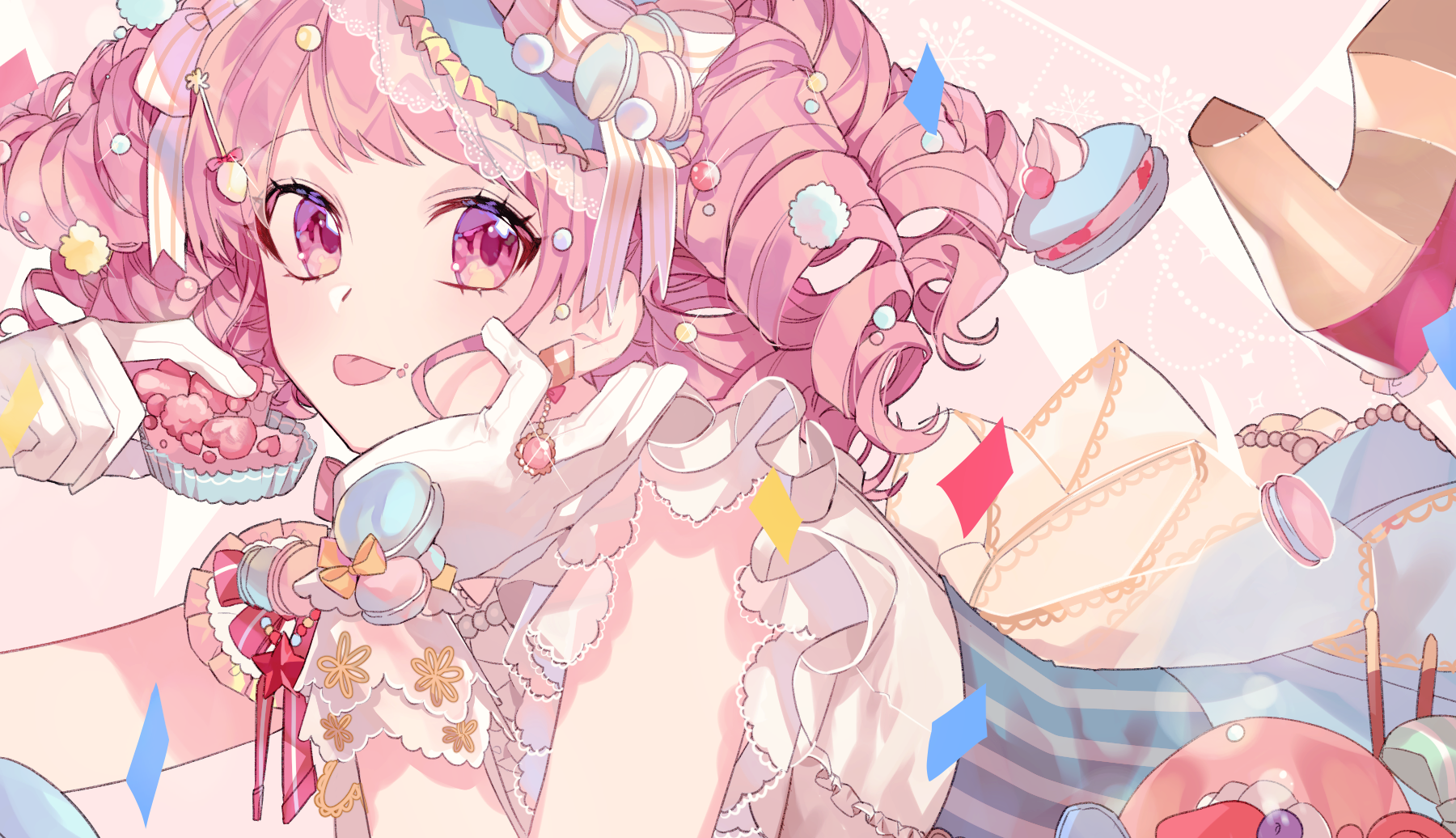 anime, anime girls, simple background, pink hair, pink eyes, BanG Dream!, candy, HD Wallpaper