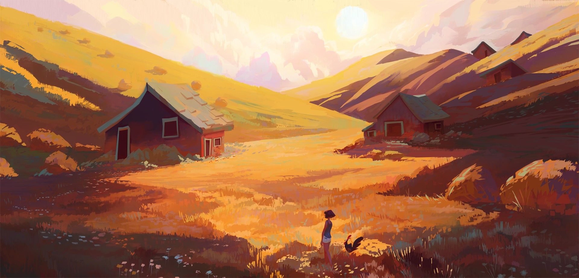 Slawek Fedorczuk, concept art, building, field, fall, grass, women, mountains, HD Wallpaper