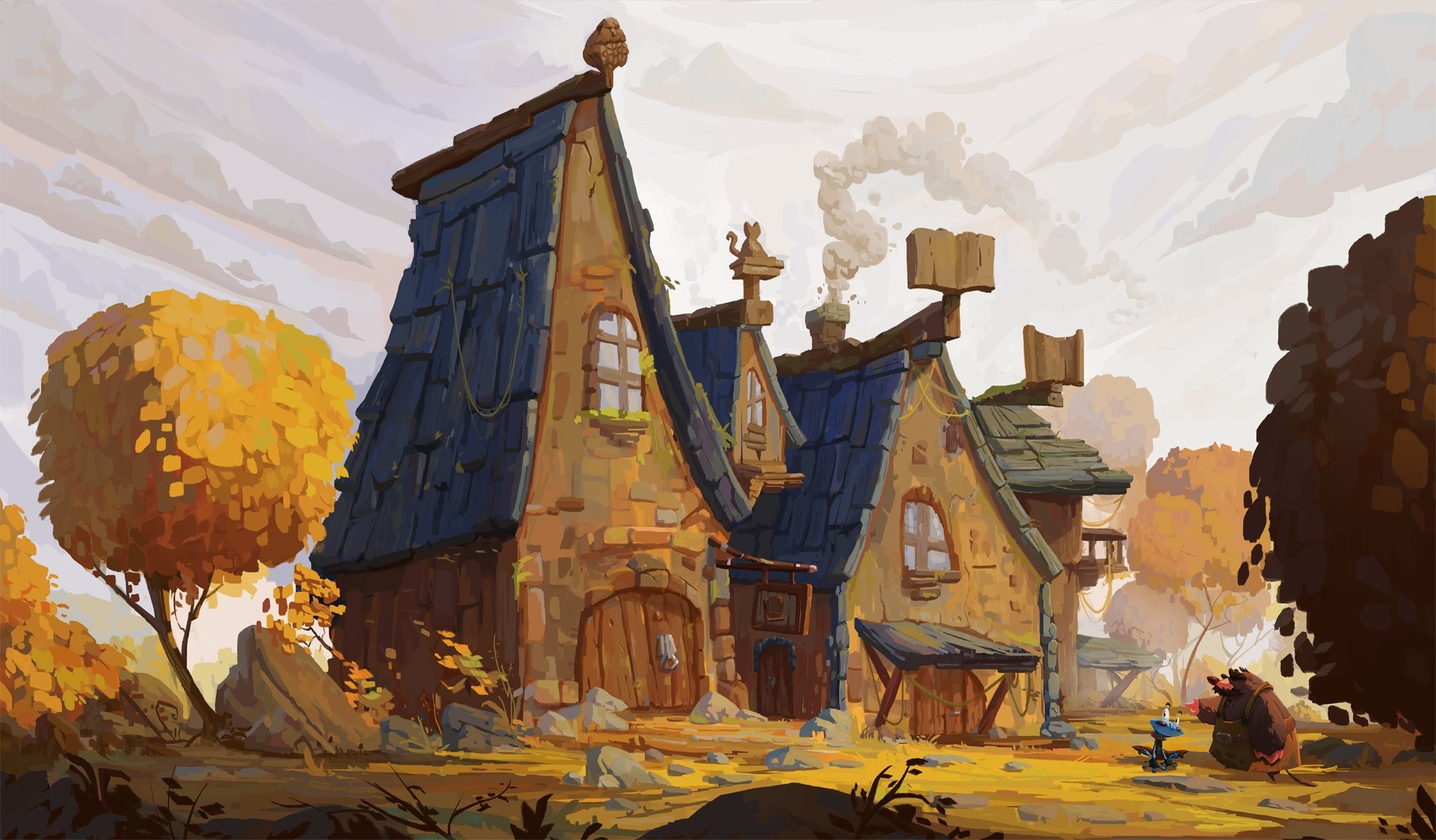 Slawek Fedorczuk, concept art, building, field, fall, trees, house, smoke, door, window, rocks, HD Wallpaper