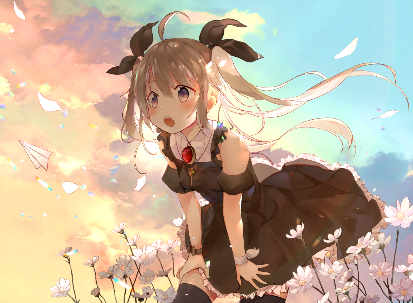 anime, anime girls, long hair, grey hair, twintails, sky, clouds, flowers, original characters, paper planes, HD Wallpaper