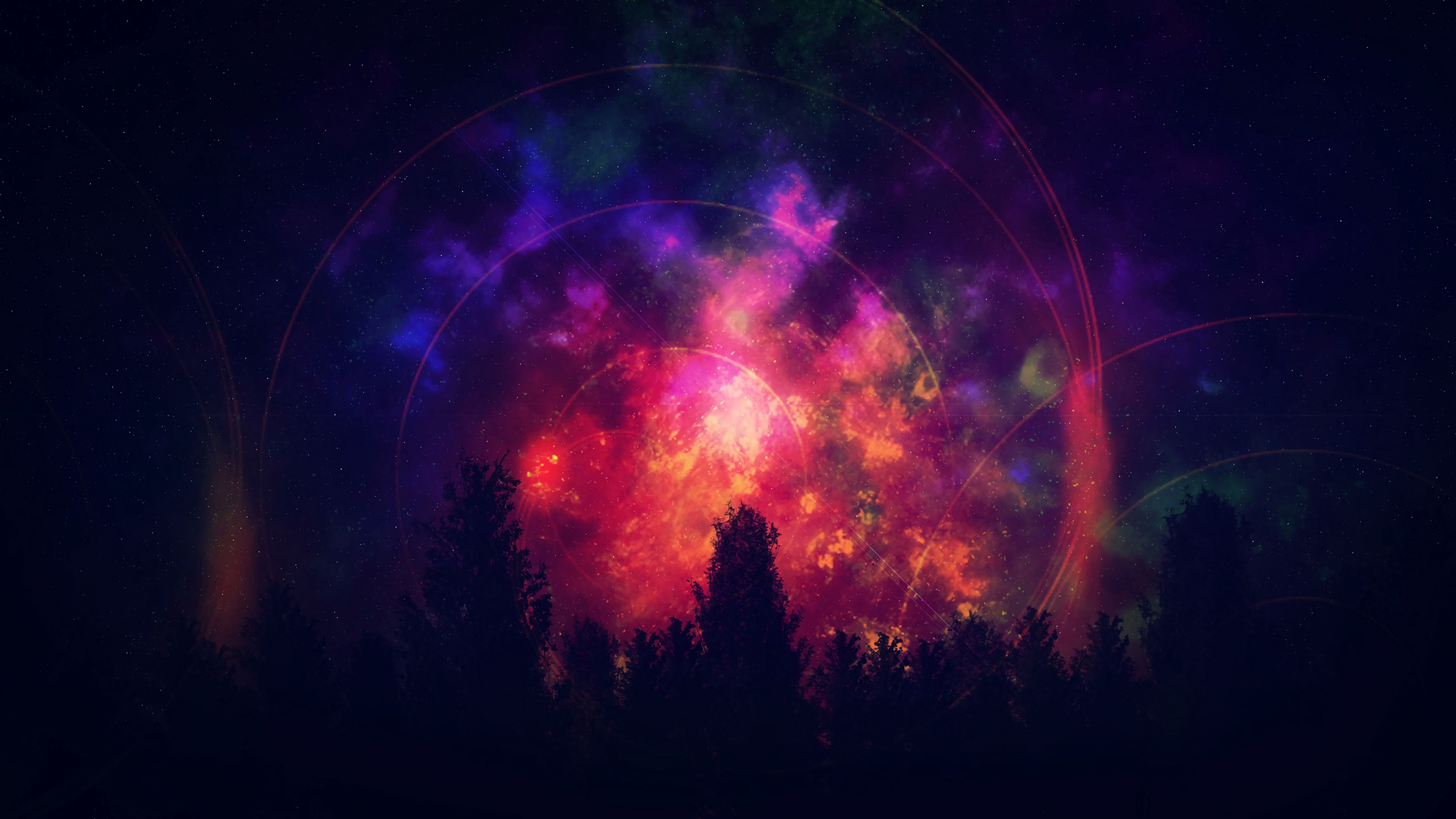 tree, starry sky, colorful, bright, outlines, 4k, HD Wallpaper