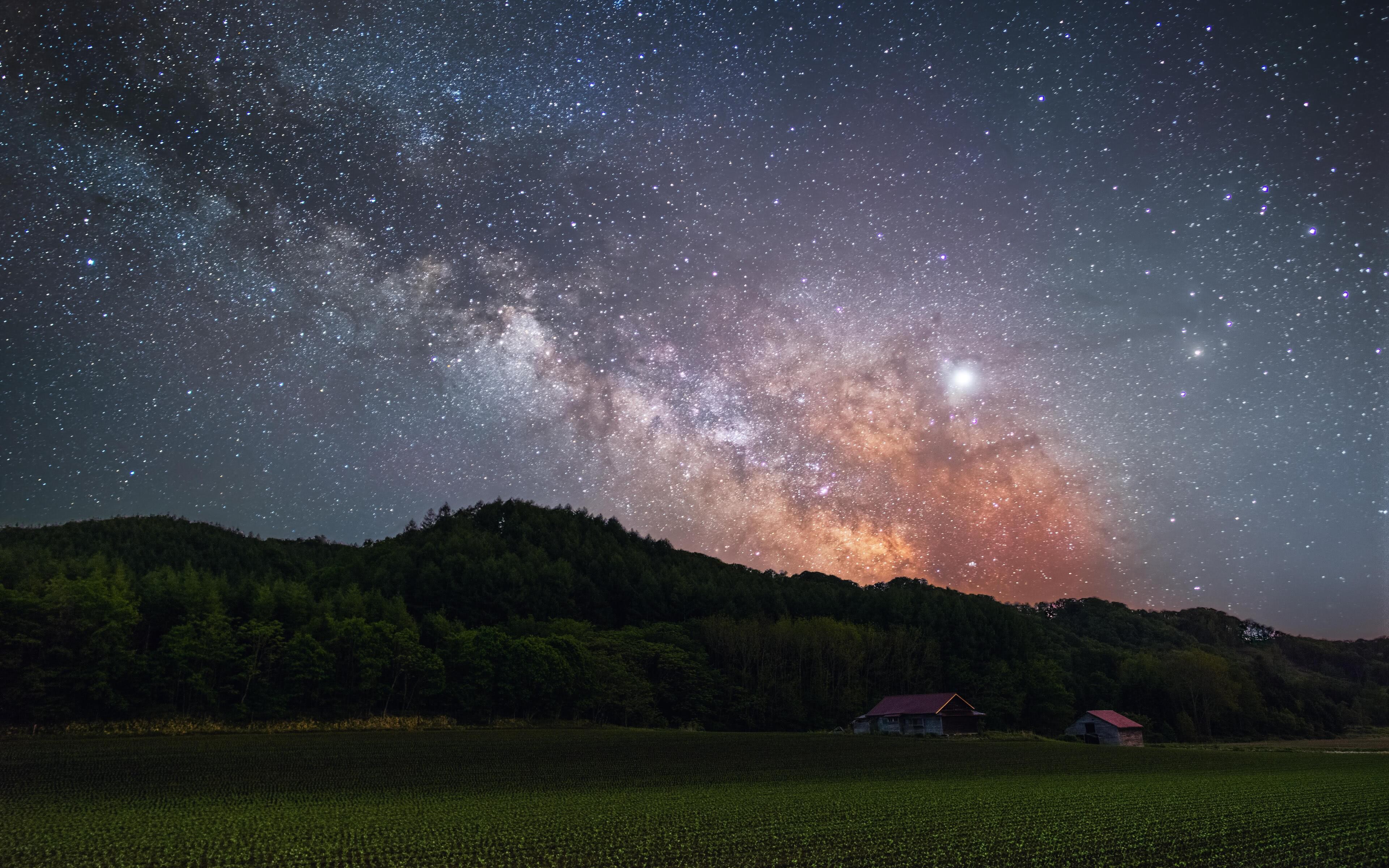 Milky Way, night, long exposure, Japan, landscape, field, starry night, HD Wallpaper