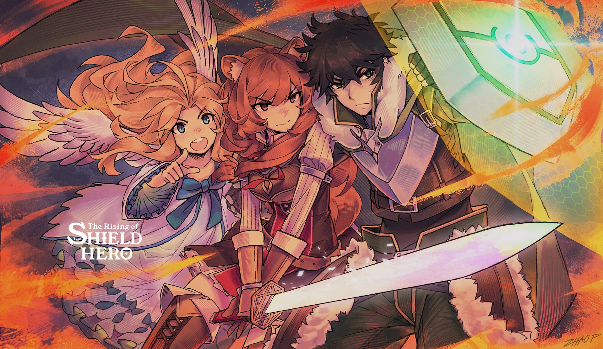 Tate no Yuusha no Nariagari, brunette, blond hair, long hair, fantasy weapon, digital art, Iwatani Naofumi, Raphtalia, Filo (Tate no Yuusha no Nariagari), fire, shield, sword, fan art, HD Wallpaper
