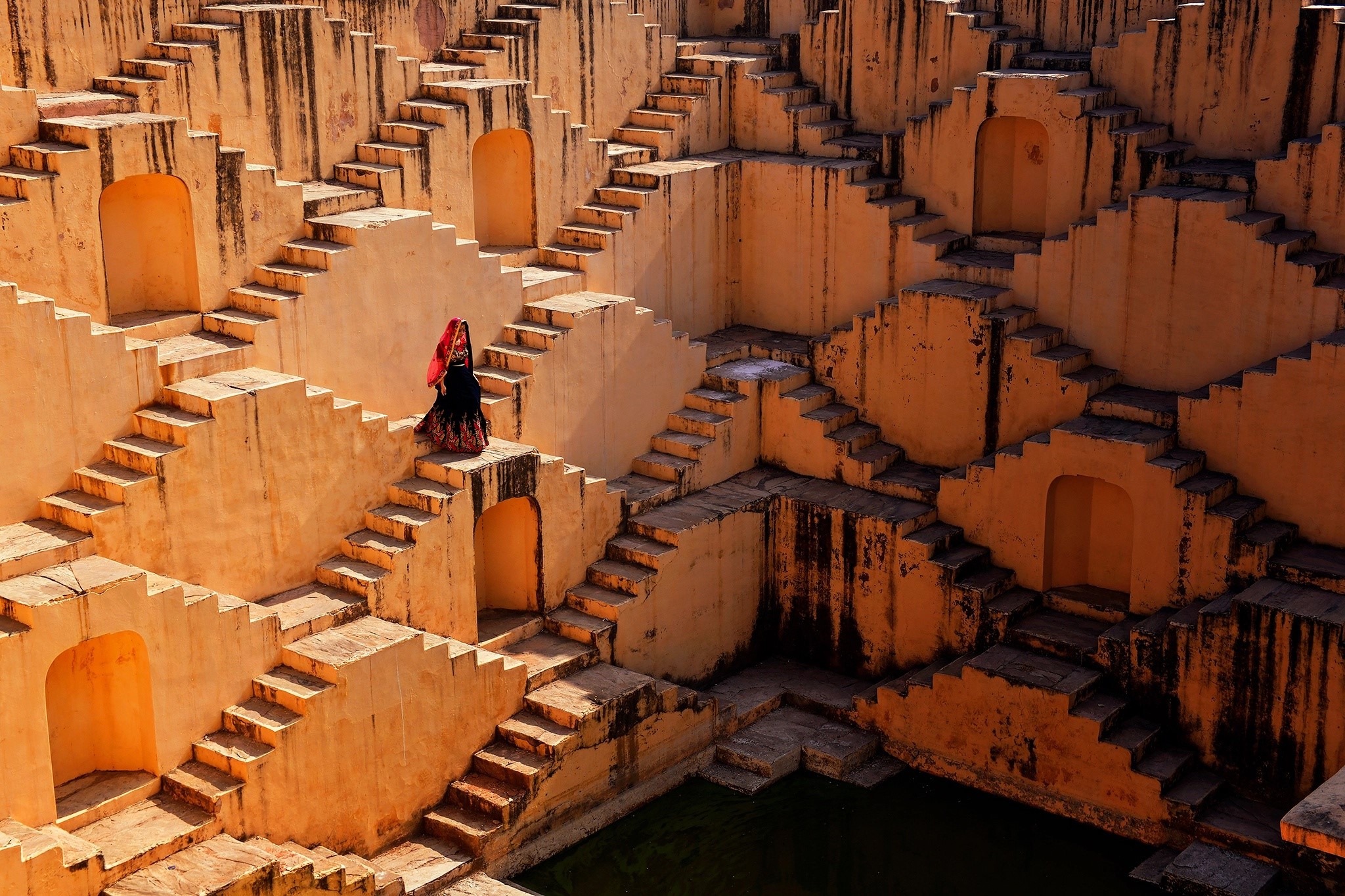 India, outdoors, building, stairs, women, Stepwell, HD Wallpaper