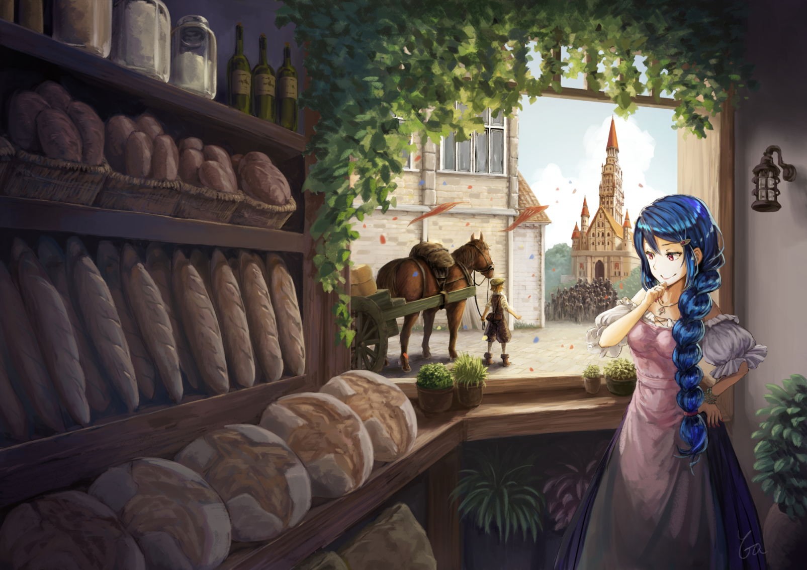 anime, anime girls, fantasy girl, food, bread, blue hair, long hair, HD Wallpaper