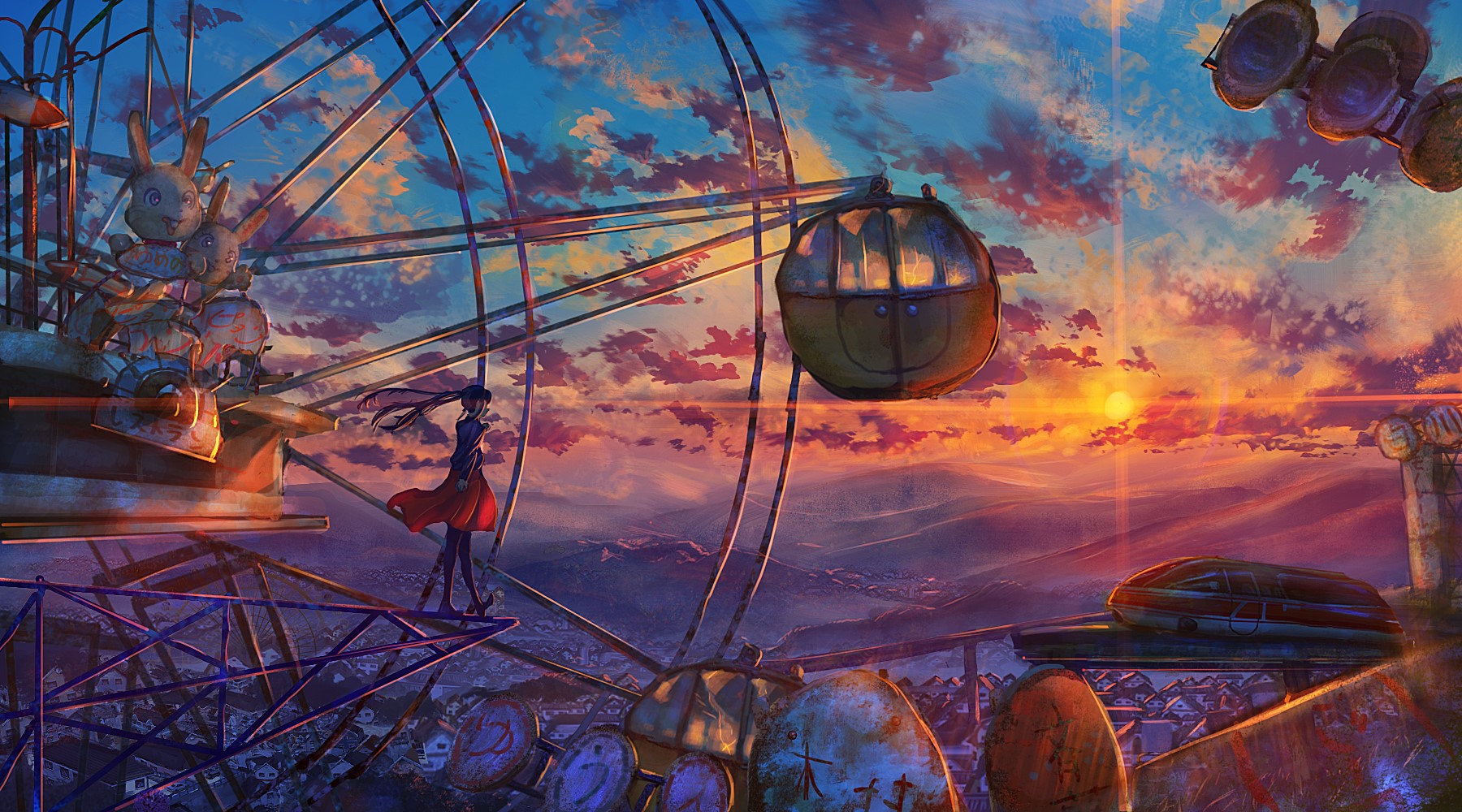 anime, anime girls, sky, clouds, original characters, sunset, landscape, ferris wheel, HD Wallpaper