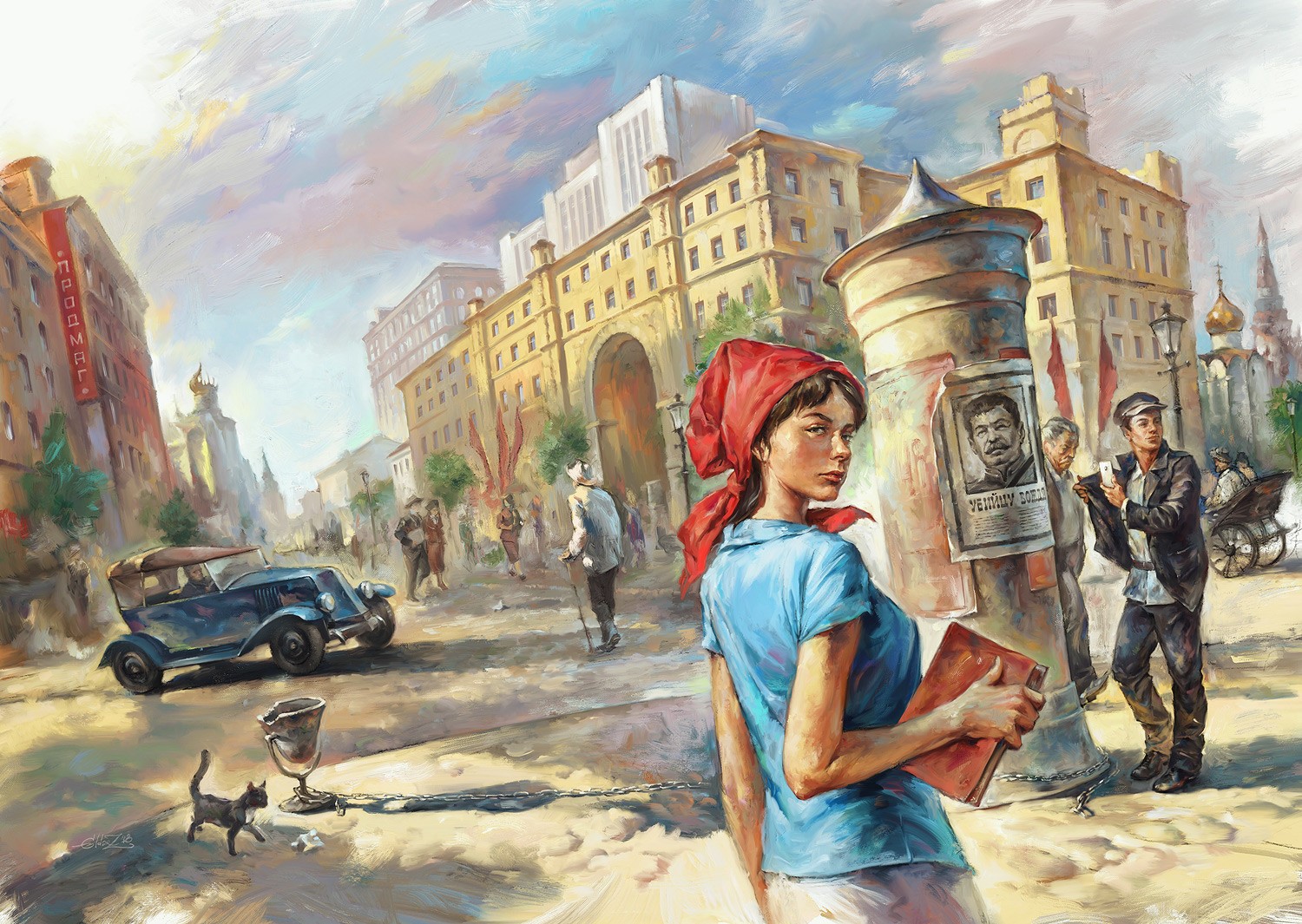 painting, digital art, Eldar Zakirov, women, brunette, street, city, car, men, people, cats, blouse, skirt, jacket, plants, building, USSR, Joseph Stalin, HD Wallpaper