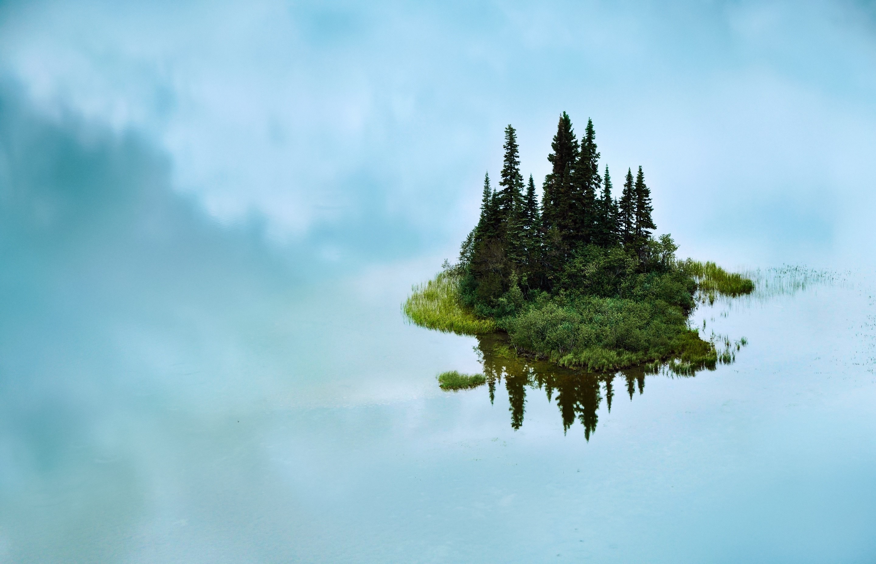 nature, island, clouds, trees, plants, water, reflection, HD Wallpaper