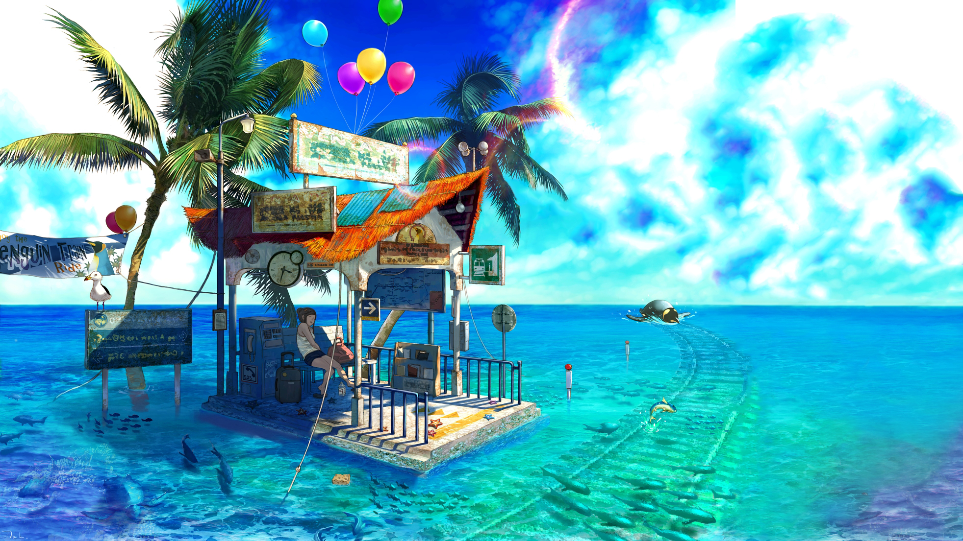 women, nature, anime, water, anime girls, palm trees, sea life, fish, HD Wallpaper