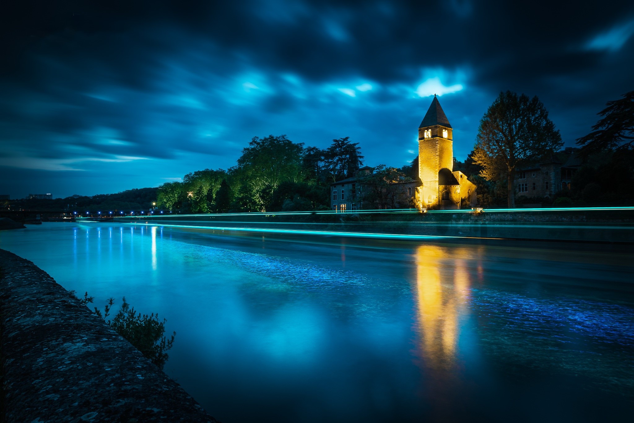 France, water, dark, building, Lyon, night, river, blue, clouds, light trails, HD Wallpaper