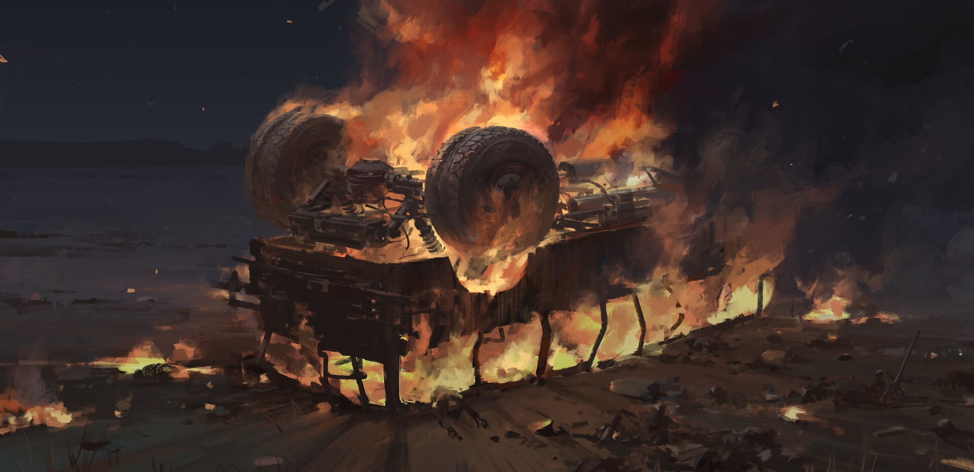 visual novel, creepy, vehicle, wreck, fire, burning, car, HD Wallpaper