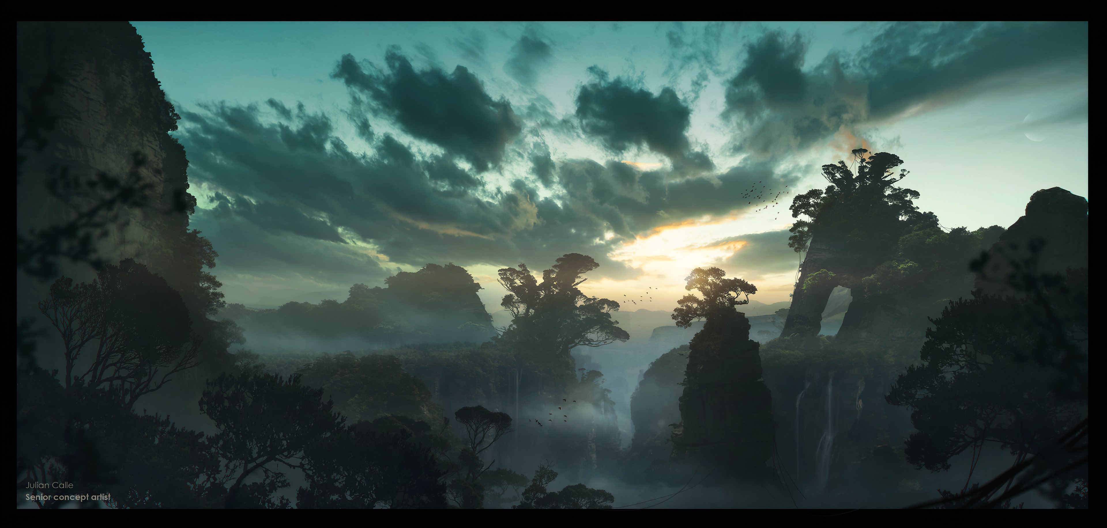 Julian Calle, nature, mountains, morning, clouds, jungle, forest, digital art, HD Wallpaper