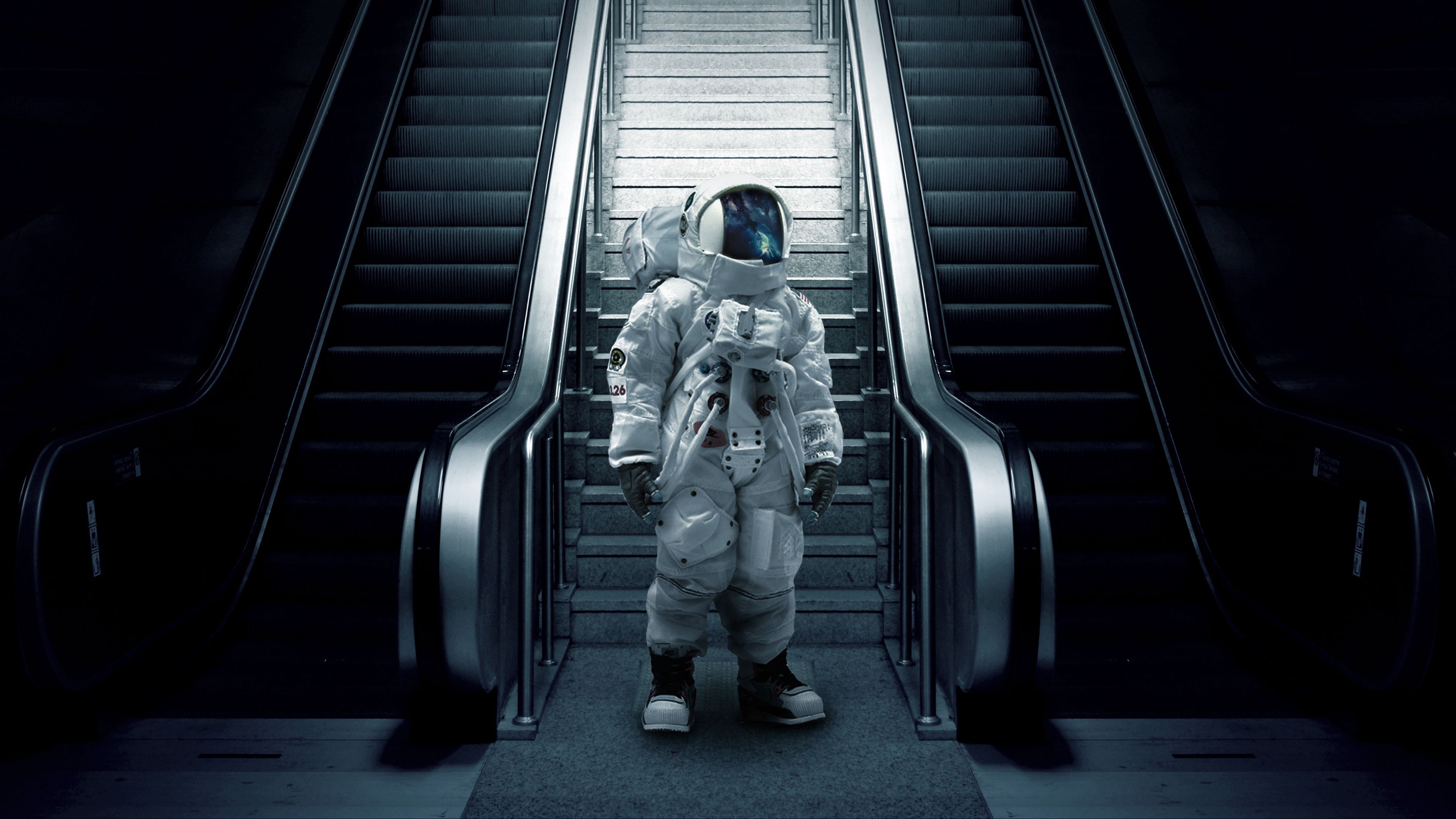 astronaut, cosmonaut, spacesuit, escalator, stairs, 4k, HD Wallpaper