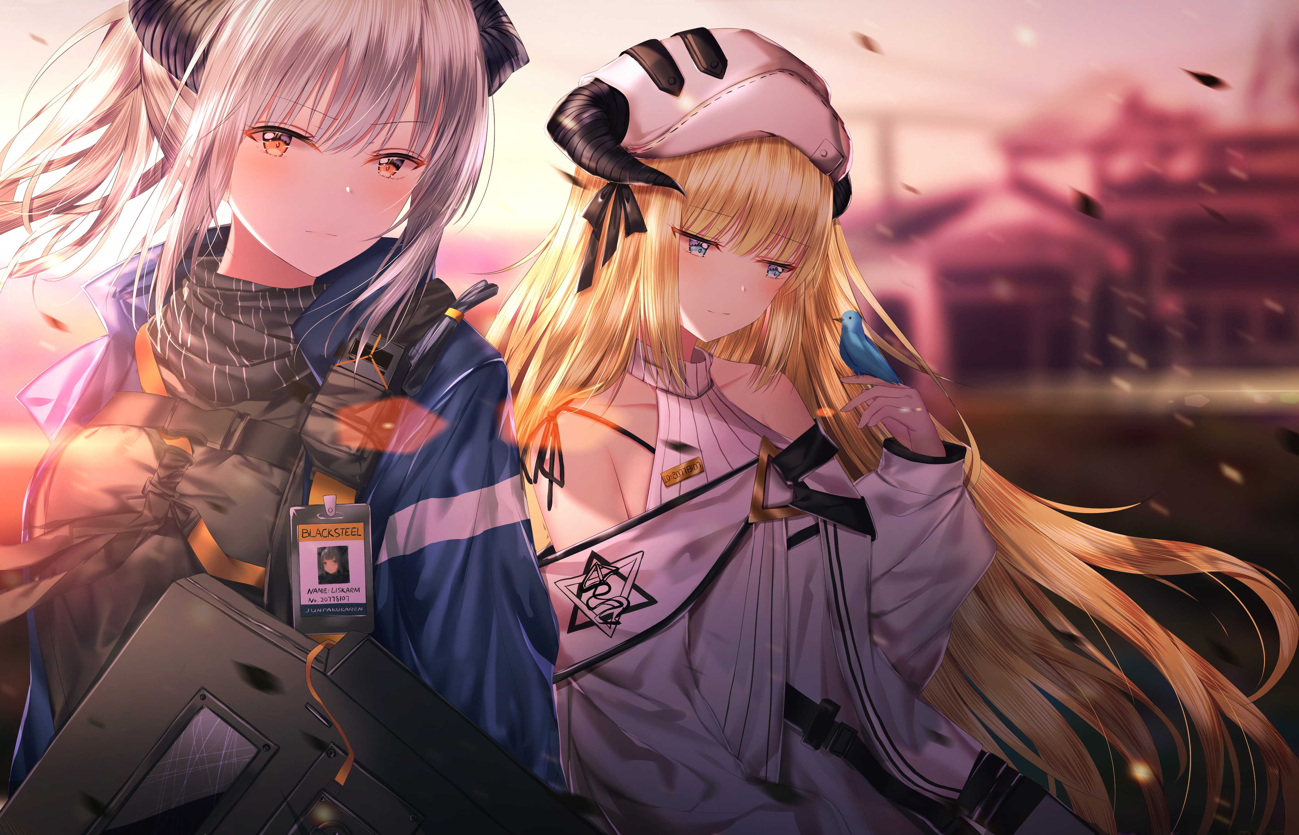 anime girls, Arknights, video games, video game art, two women, horns, fantasy girl, white hair, blonde, long hair, blue eyes, jacket, depth of field, birds, fantasy art, artwork, drawing, digital art, illustration, 2D, junpaku karen, fan art, Liskarm(Arknights), Nightingale(Arknights), HD Wallpaper