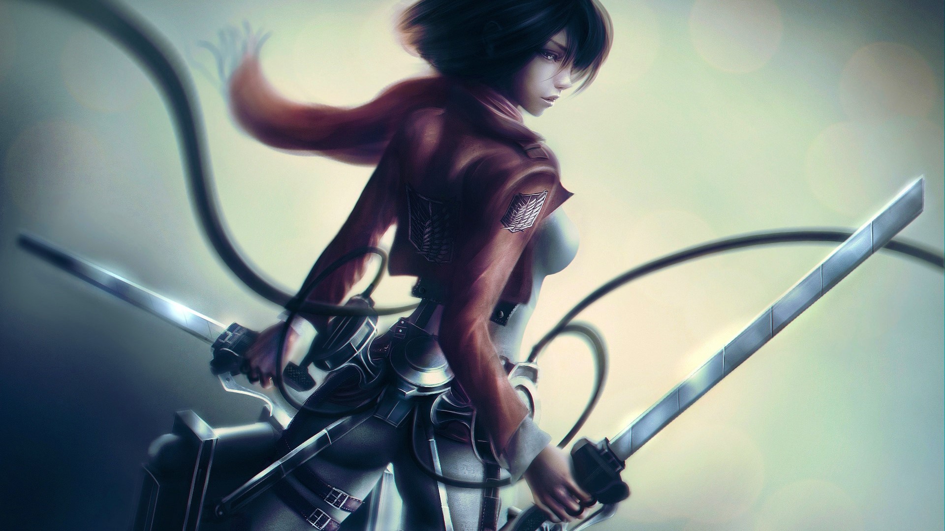Mikasa Ackerman, anime, anime girls, scarf, black hair, black eyes, gear, girls with swords, white clothing, red clothing, HD Wallpaper