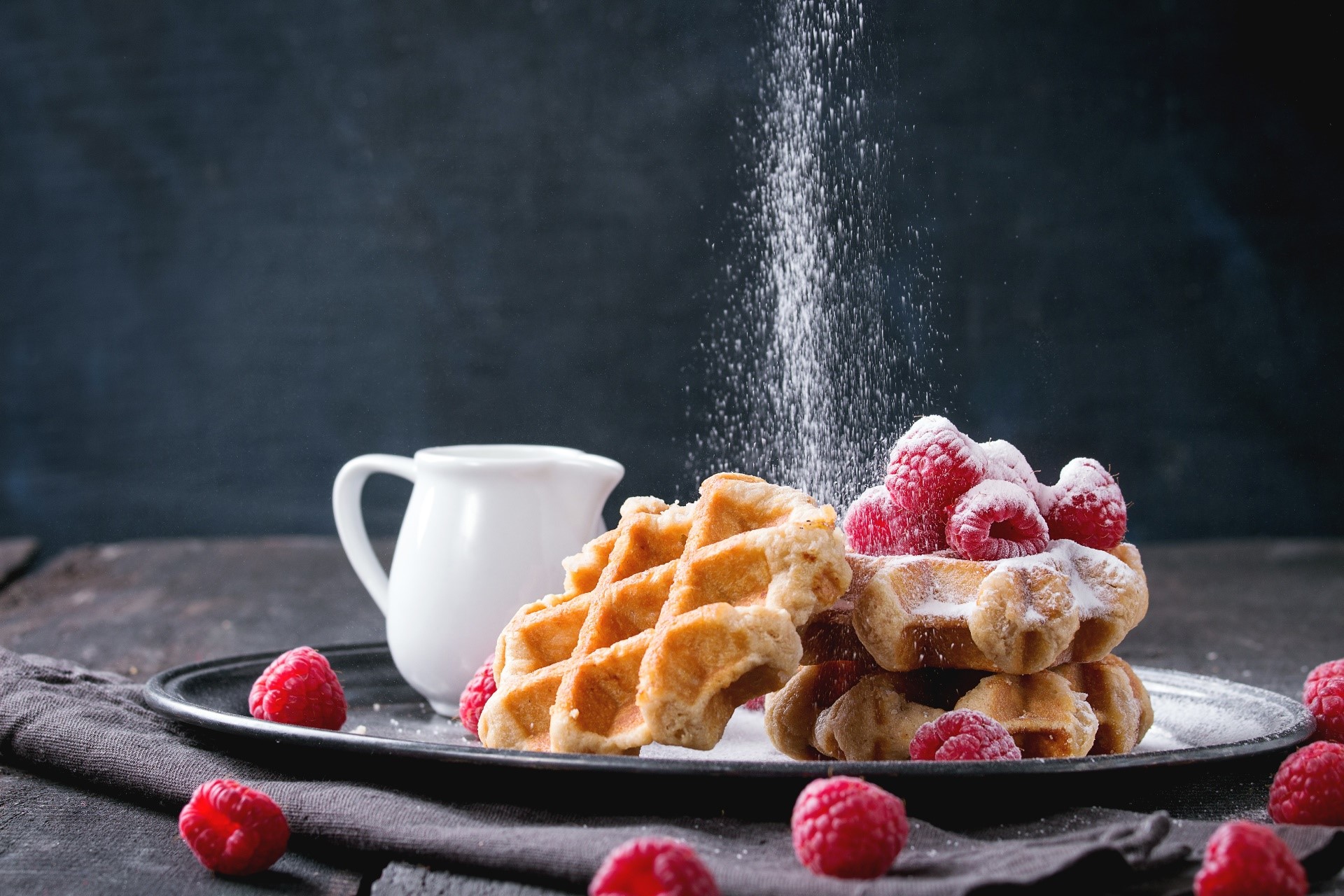 food, sweets, fruit, berries, waffles, raspberries, sugar, HD Wallpaper