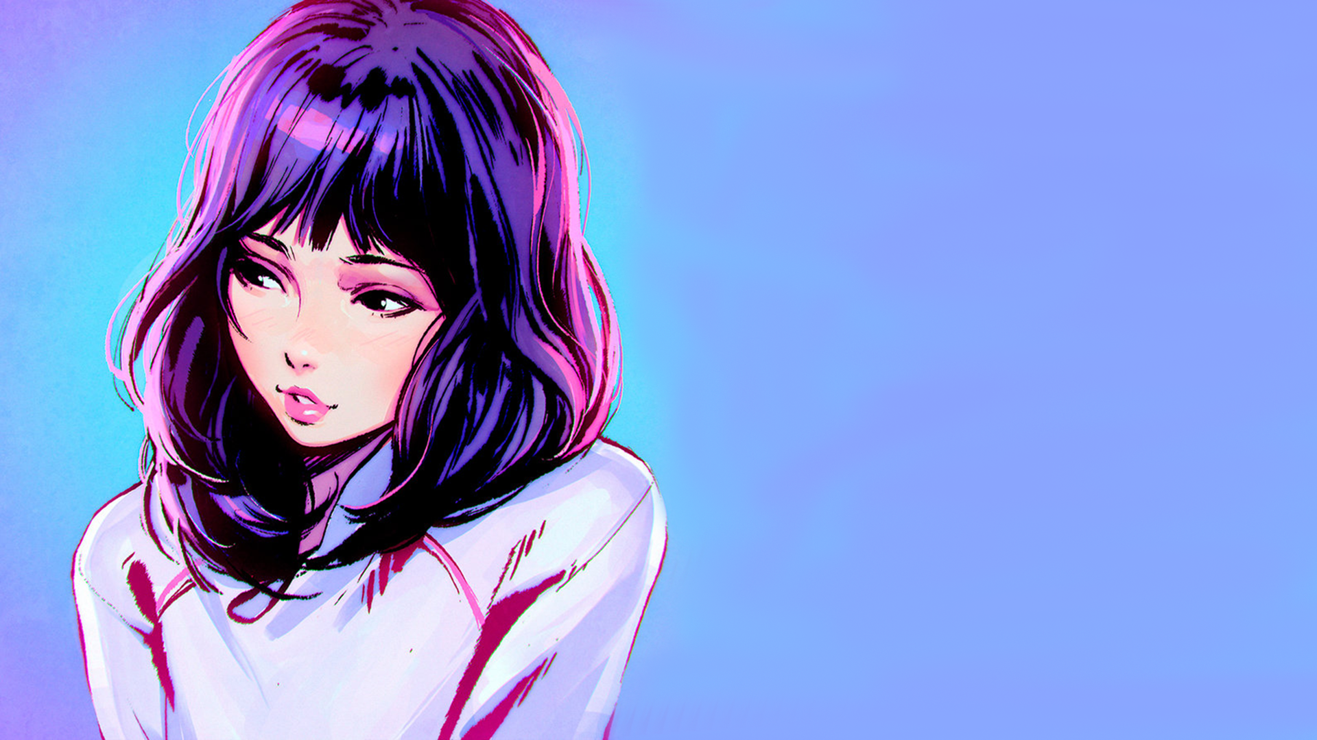 Ilya Kuvshinov, women, simple background, shoulder length hair, looking away, white shirt, digital art, HD Wallpaper