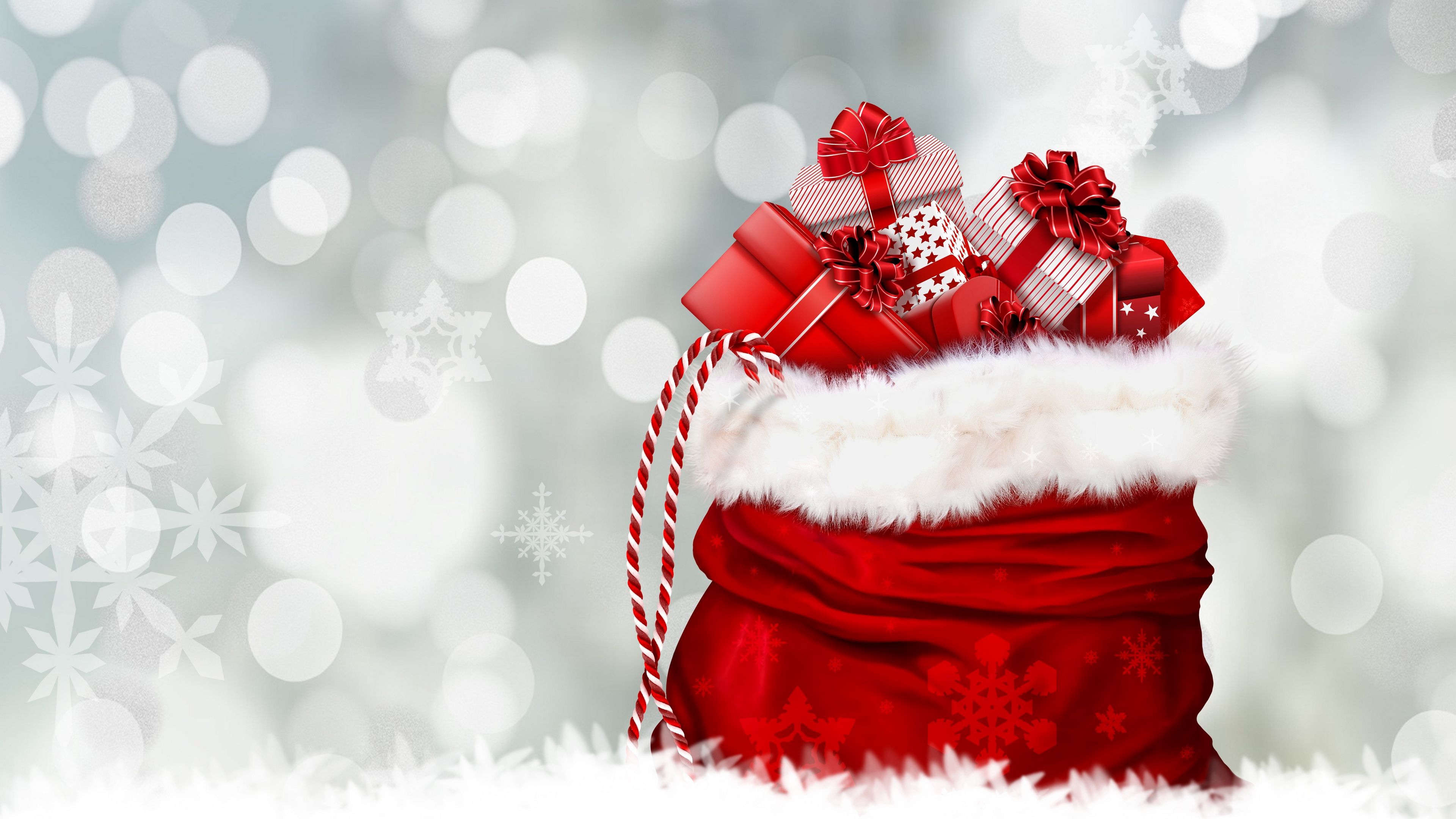 gifts, christmas, new year, snowflakes, glare, 4k, HD Wallpaper