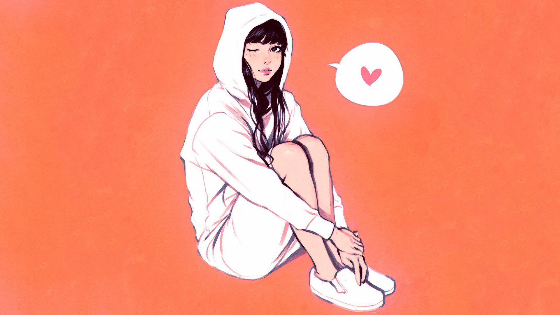 Ilya Kuvshinov, women, short hair, brunette, simple background, sitting, hoods, long hair, white shoes, white clothing, wink, winking, digital art, HD Wallpaper