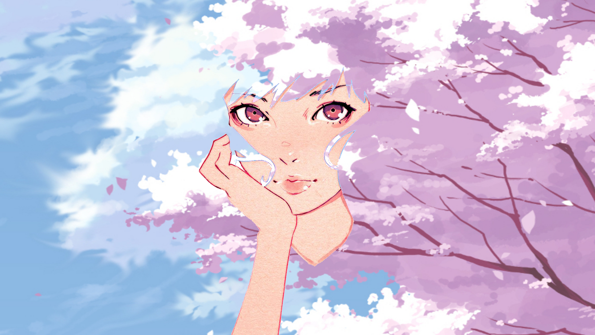 Ilya Kuvshinov, women, hand on face, cherry blossom, trees, sky, digital art, HD Wallpaper