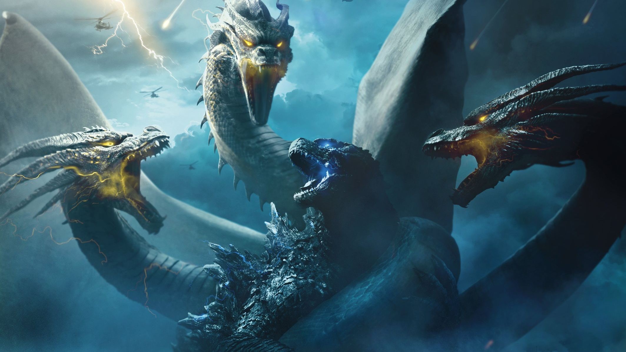 Godzilla: King of the Monsters, Godzilla, creature, King Ghidorah, movies, cyan, HD Wallpaper