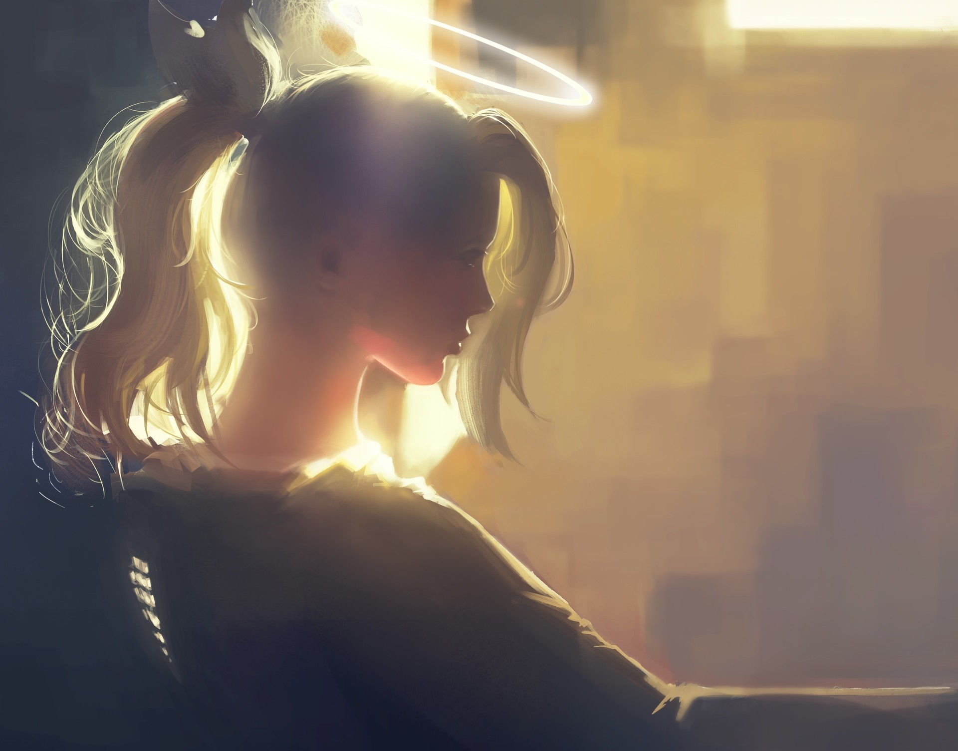 women, artwork, blonde, ponytail, angel, side view, Mercy (Overwatch), HD Wallpaper