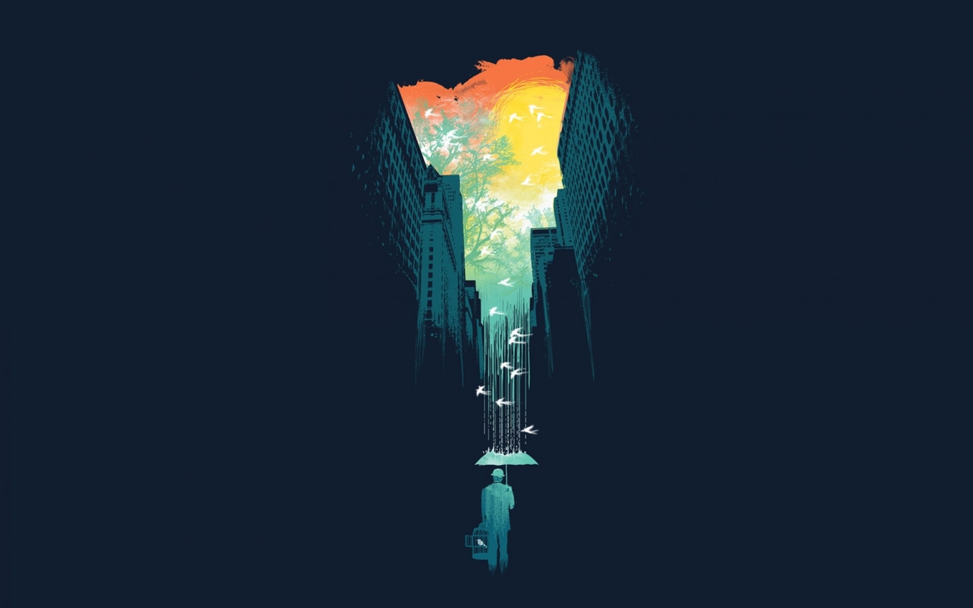artwork, abstract, rain, city, birds, digital, digital art, minimalism, HD Wallpaper